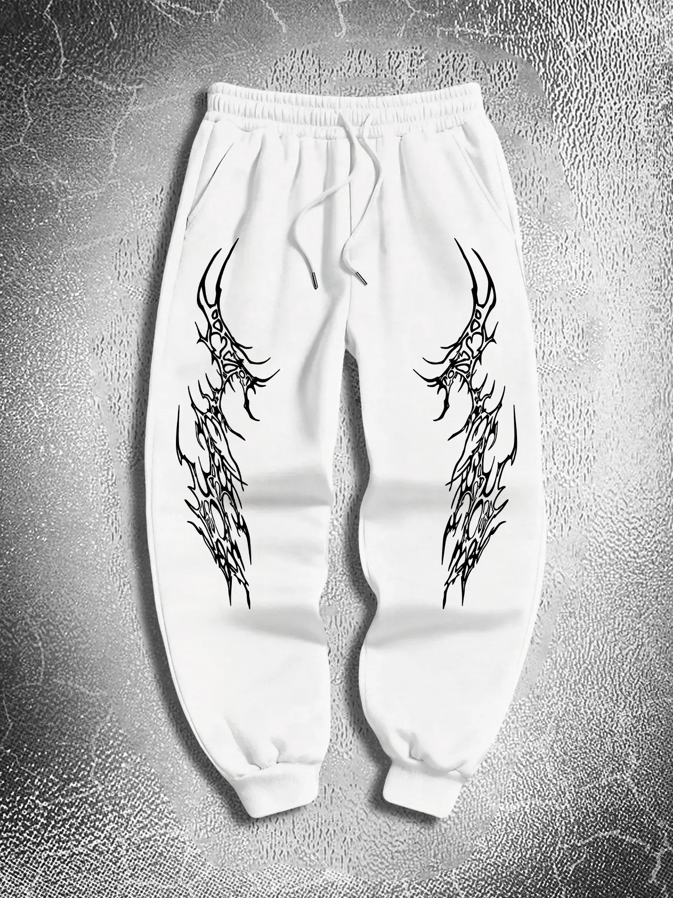 Black Cuffed Sweatpants With Symmetrical Gothic Thorn Print, Drawstring Waist Dark Streetwear Jogger Pants