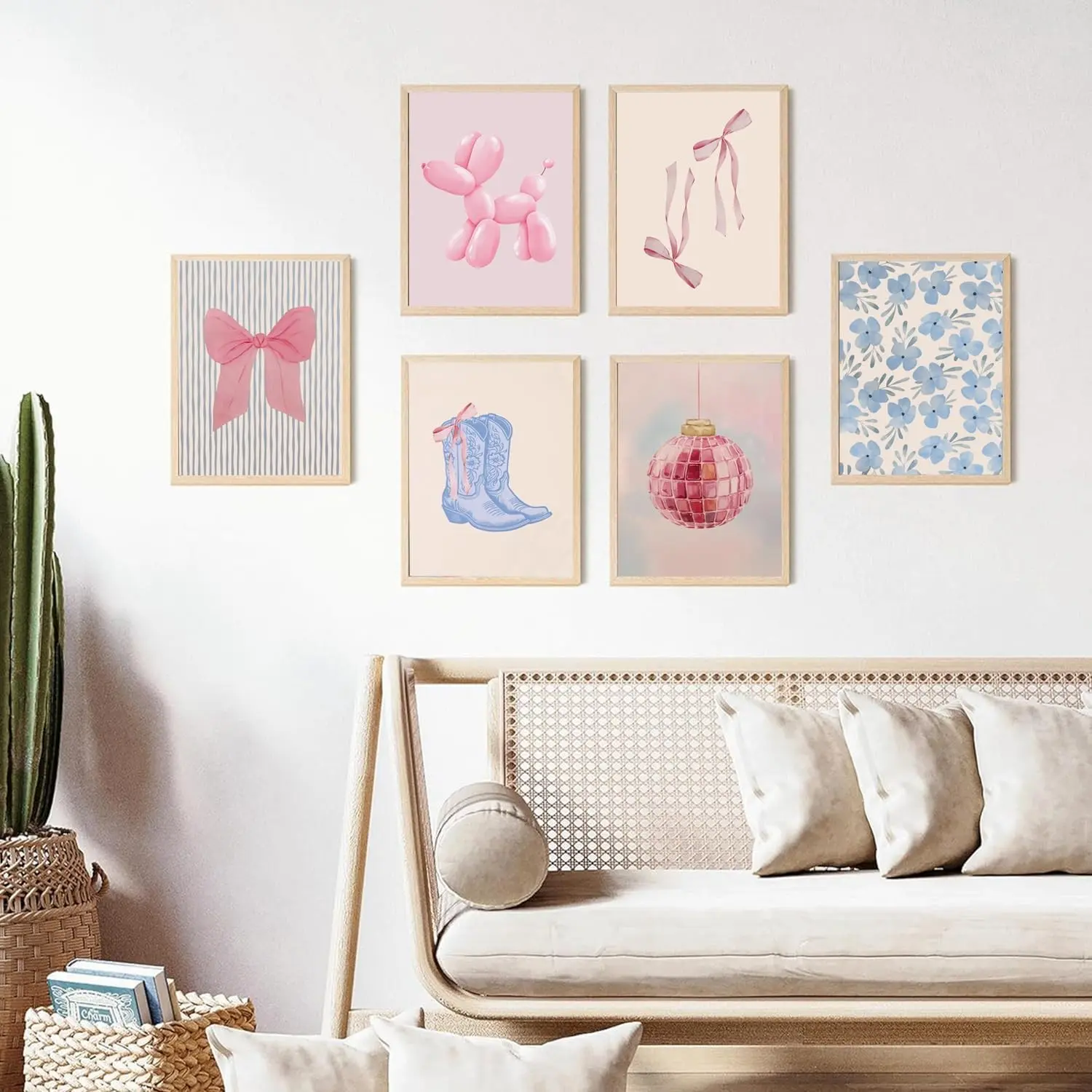Blue and Pink Preppy Poster Set of 6 Cute Coquette Bow Boots Wall Art Aesthetic Coastal Wall Art, Trendy Girls Dorm Decor Cute Pink Bows Wall Decor for Bedroom Living Room Unframed Art Print