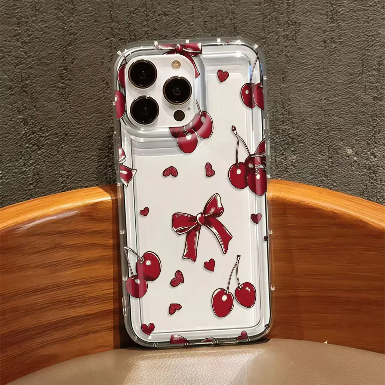 Vintage Wine Red Cherry Heart Bow Print Shockproof Clear Soft Phone Case, Suitable For iPhone 11 To 17, Including Pro Max And Plus Models, A Stylish Protective Case For Fashion Lovers, Featuring, Unique Gift Option