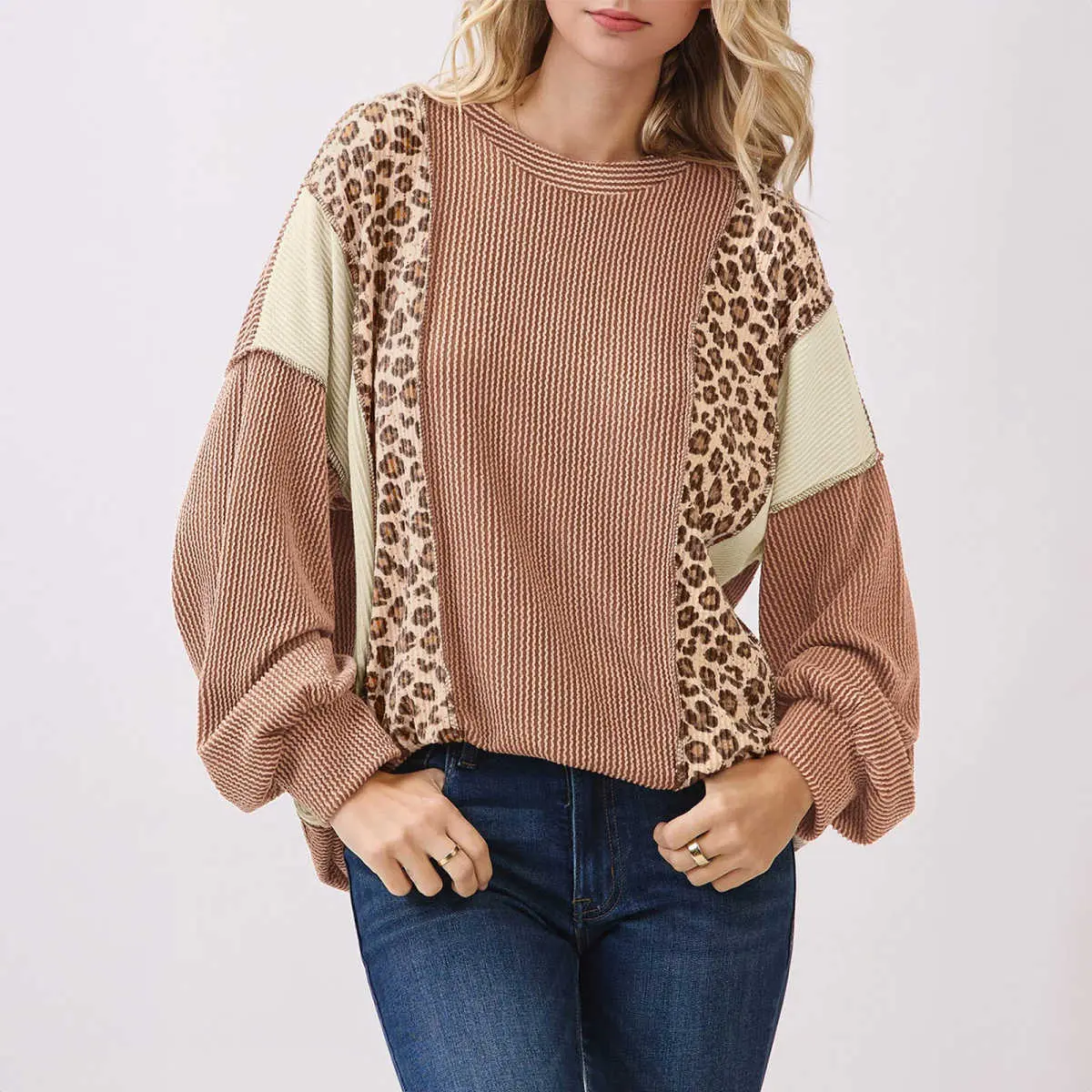 Women’s Leopard Print Colorblock Ribbed Knit Top, Round Neck Drop Shoulder Long Sleeve Pullover, Relaxed Fit Soft Casual Sweater for Everyday Wear, Fall and Winter, Casual, Womenswear ,Style
