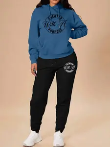 2 Pieces Womrn Sets Spring Fall Fashion Casual Home Outdoor Fitness Letter Print Women Long Sleeve Hooded Sweatshirt with Pockets + Pants Set Tracksuit