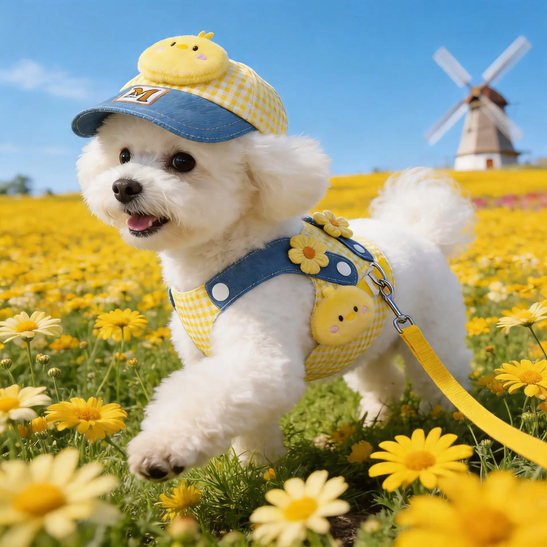 Small Dog 3-Piece Cute Chicken Pet Harness & Leash Set - Polyester Cartoon Design, Lightweight, Comfortable, Breathable for Summer Use, S