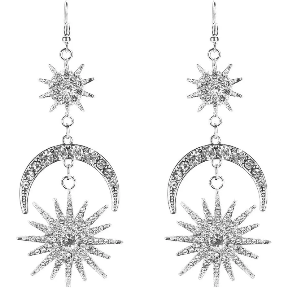 Boho Sun Moon and Stars Drop Dangle Earrings,Bohemian Statement Earrings for Women Girls Asymmetrical Celestial