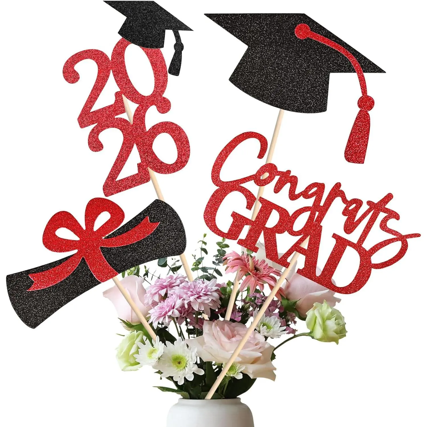 20 PCS Graduation Decorations Class of 2026, Black and Red Double-Sided Centerpieces, Grad Cap Sticks, Table Toppers, Graduation Party Decorations