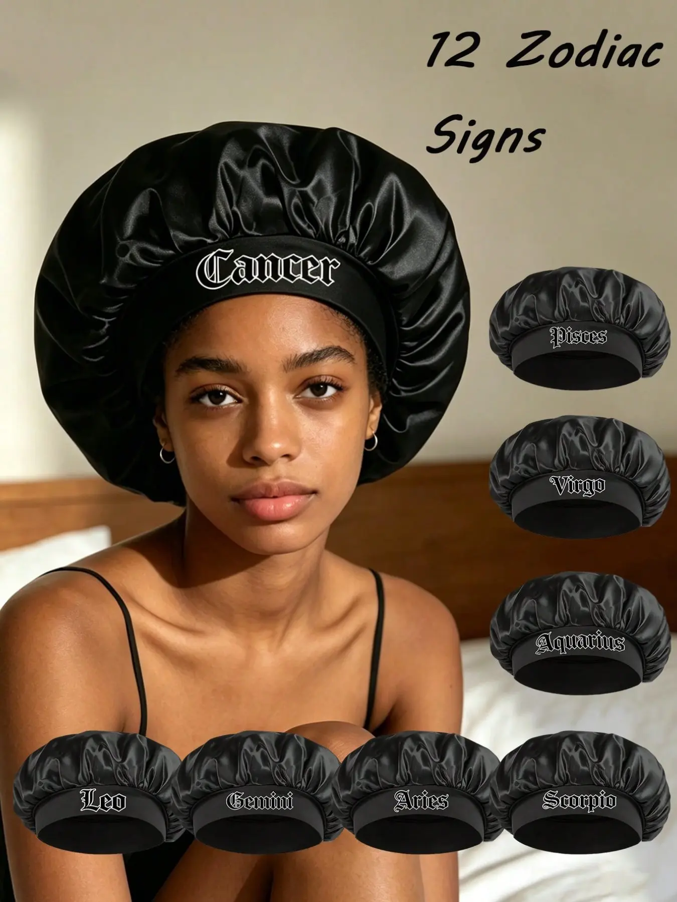 1PC Black High-Stretch Satin Sleep Bonnet With Custom 12 Constellation Prints, Soft Hair Care Cap, Versatile Hair Cover For Home Skincare And Travel, Stylish Must-Have For Short Trips, Perfect For Personal Use And Holiday Gifting