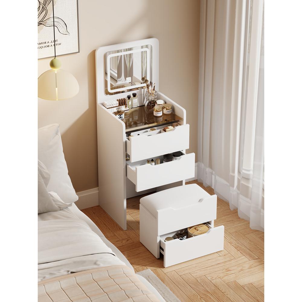 3 in 1 Vanity Desk with Plip Top Mirror, Small Make Up Vanity Set with Visible Glass Desktop, Compact Makeup Vanity with 3 Drawers, Cushioned Tool, Dressing Table for Bedroom