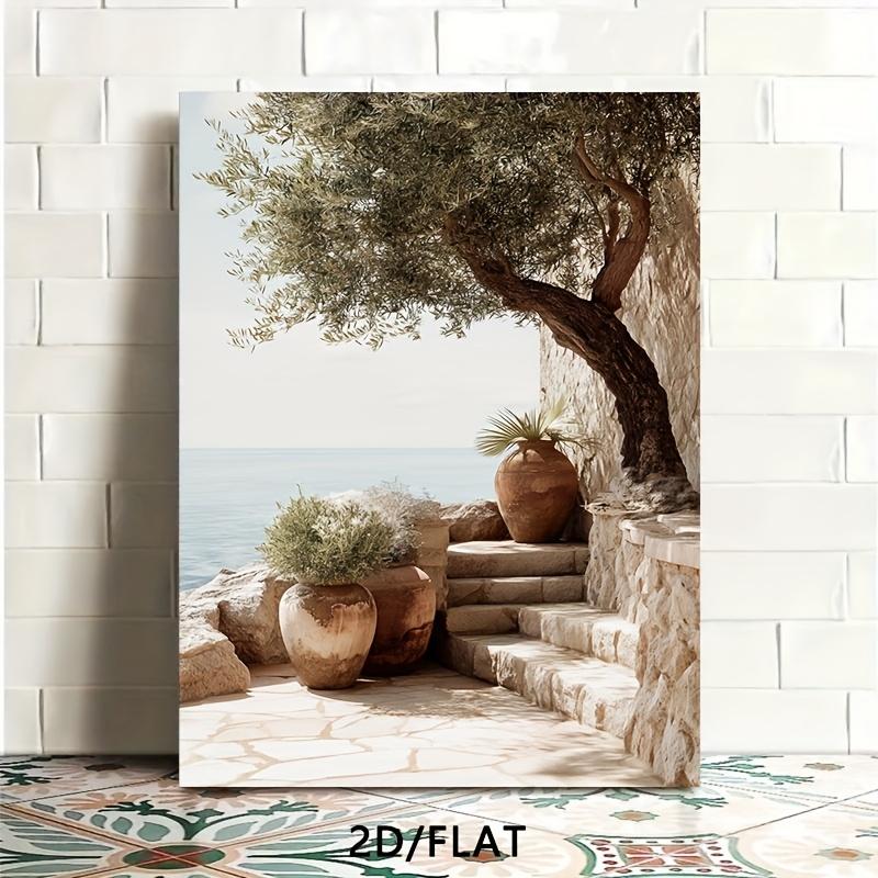 2D Flat Olive Tree Stone Steps Terracotta Pot Mediterranean Wall Art Print, Canvas Wrapped, Hook Type, Rustic Art Deco, Ideal for Living Room, Bedroom, Office, Dining Room, Coffee Shop, Holiday Gift, Outdoor Indoor, Modern Style, Solid Pattern