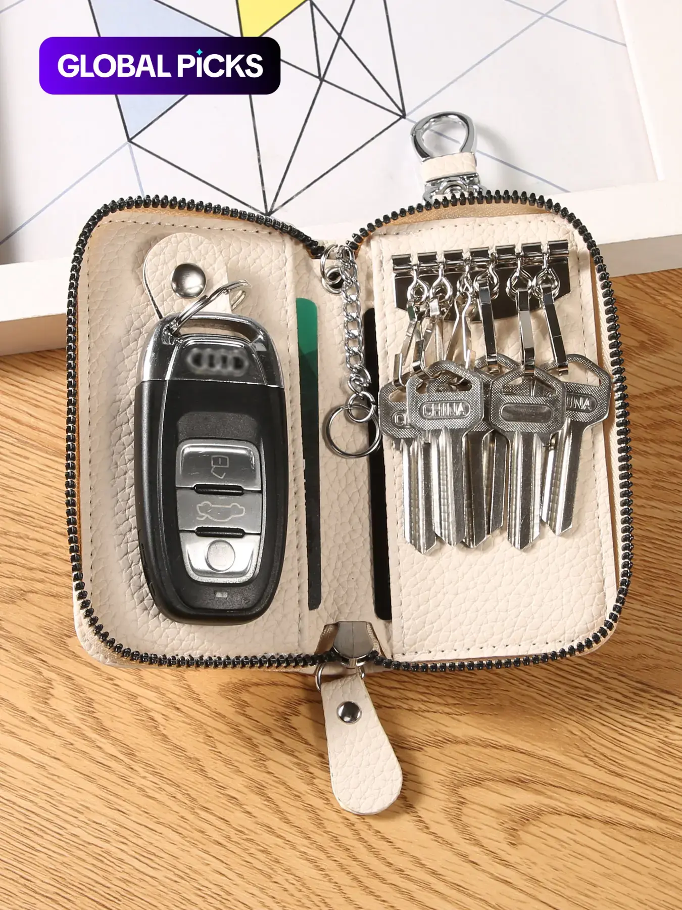 Unisex Key Pouch, Mens & Womens Car Key Holder Bag, Keychain Case Wallet with 6 Hooks, 2 Card Slots, Zipper Closure, Key Holder For Car, Car Key Accessory #GLOBAL PICKS