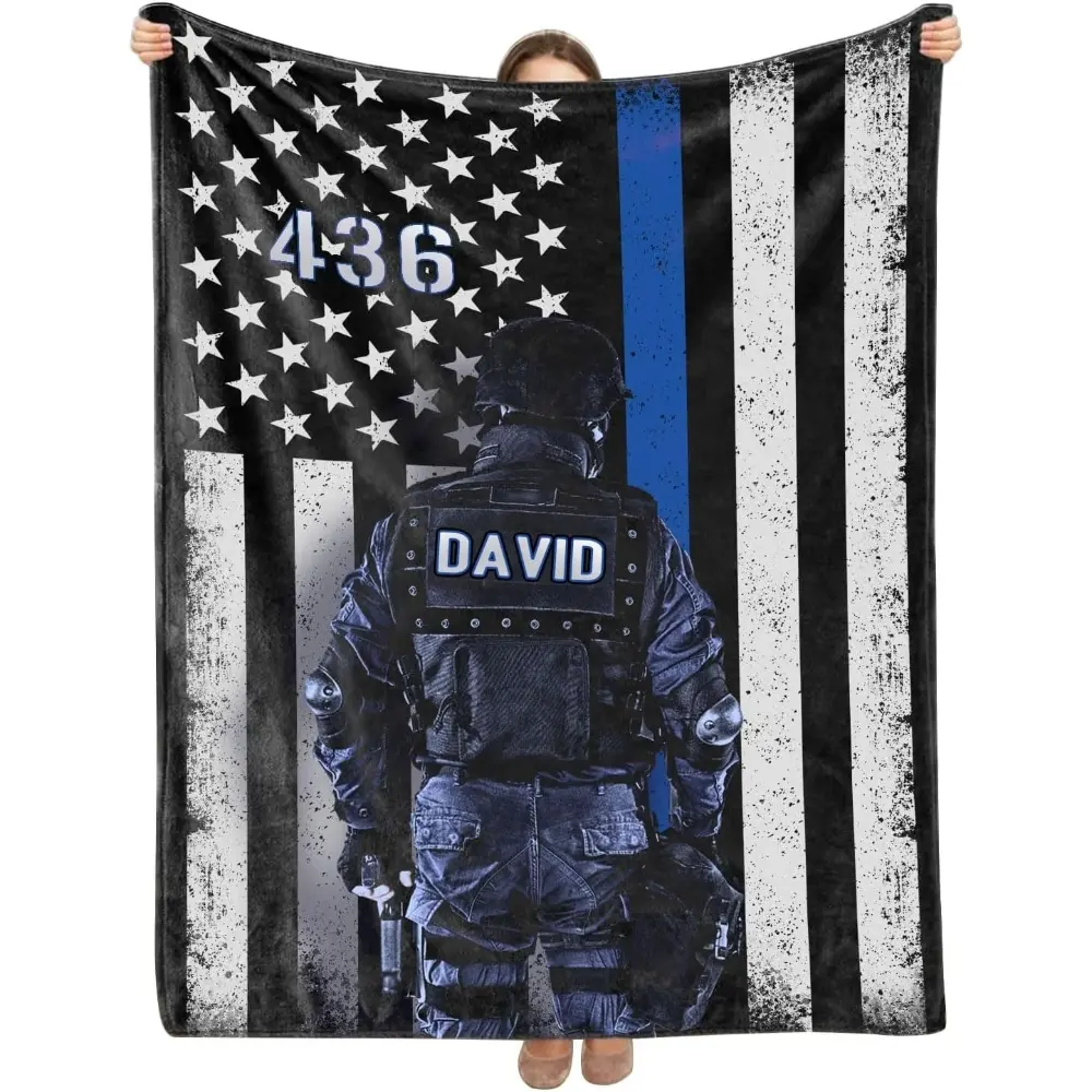 1PC Personalized Police Blankets for Men, Thin Blue Line Blanket Gifts for Police Officer, Custom Police Officer Blanket, Police Gifts