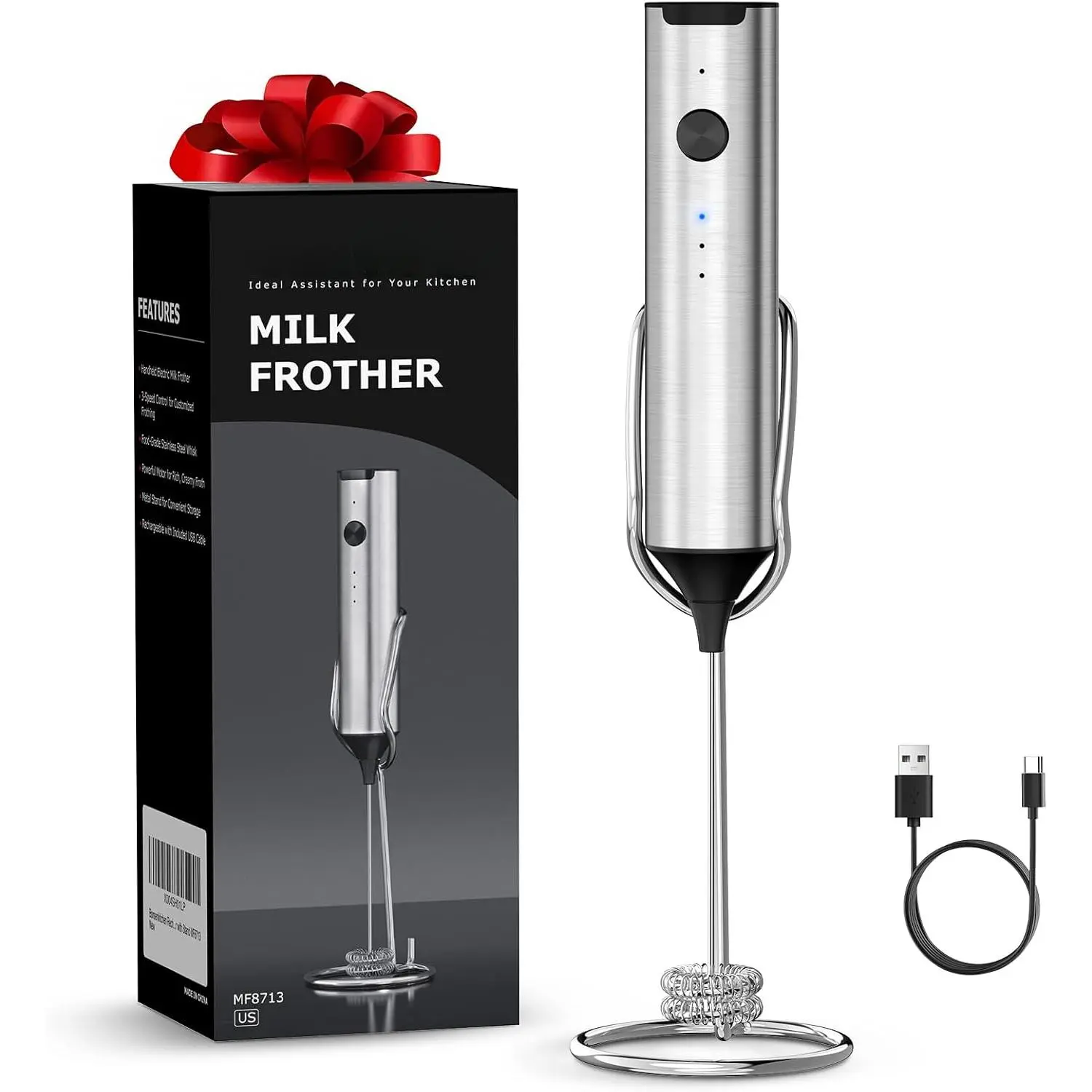Rechargeable Milk Frother with Stand, 3-Speed Handheld Coffee Frother, Dual Spring Whisk Electric Hand Frother Wand Drink Mixer for Matcha Lattes Cappuccino, Kitchen Gifts