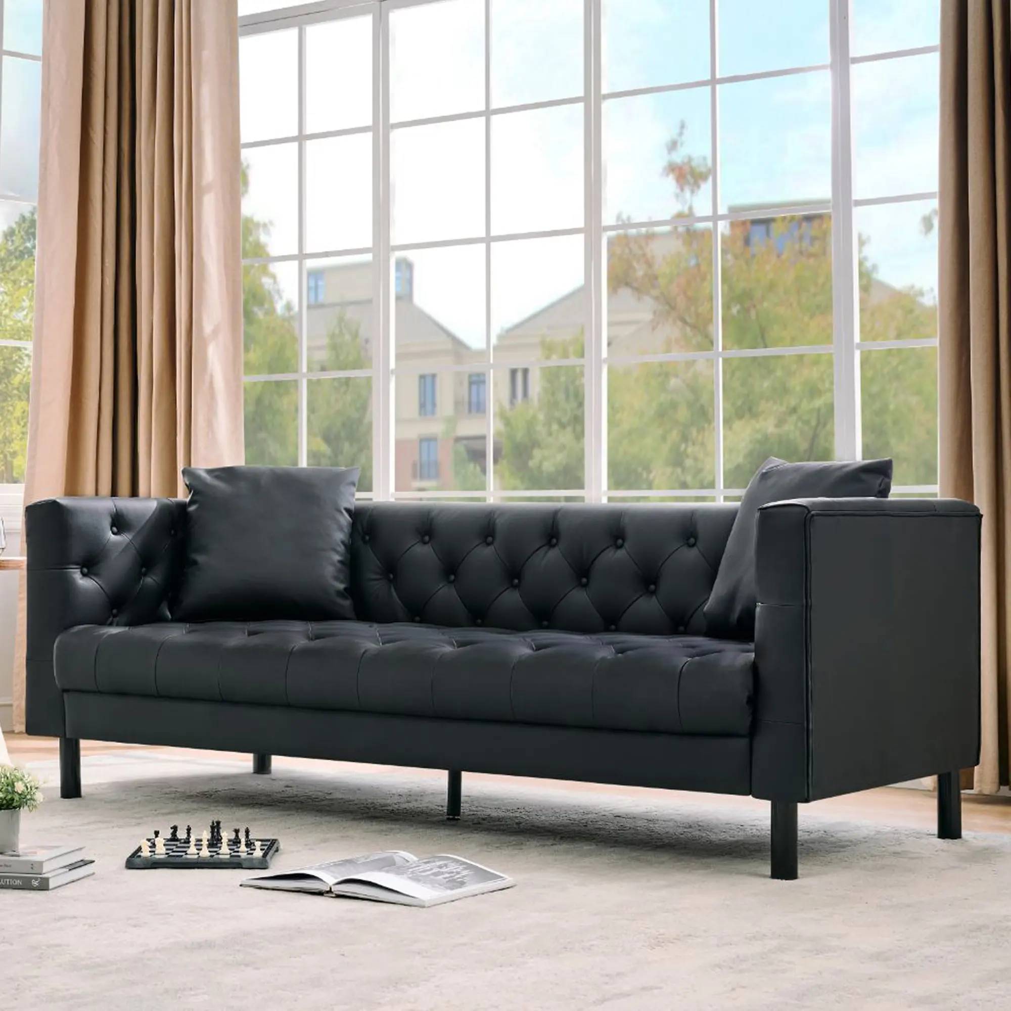 81" Modern Leather Couch with Deep Seat, Plush 3-Seater Sofa, Dark Brown | Mid Century Leather Couch with Plush Backrest, Cozy 3-Seater Couch for Livingroom