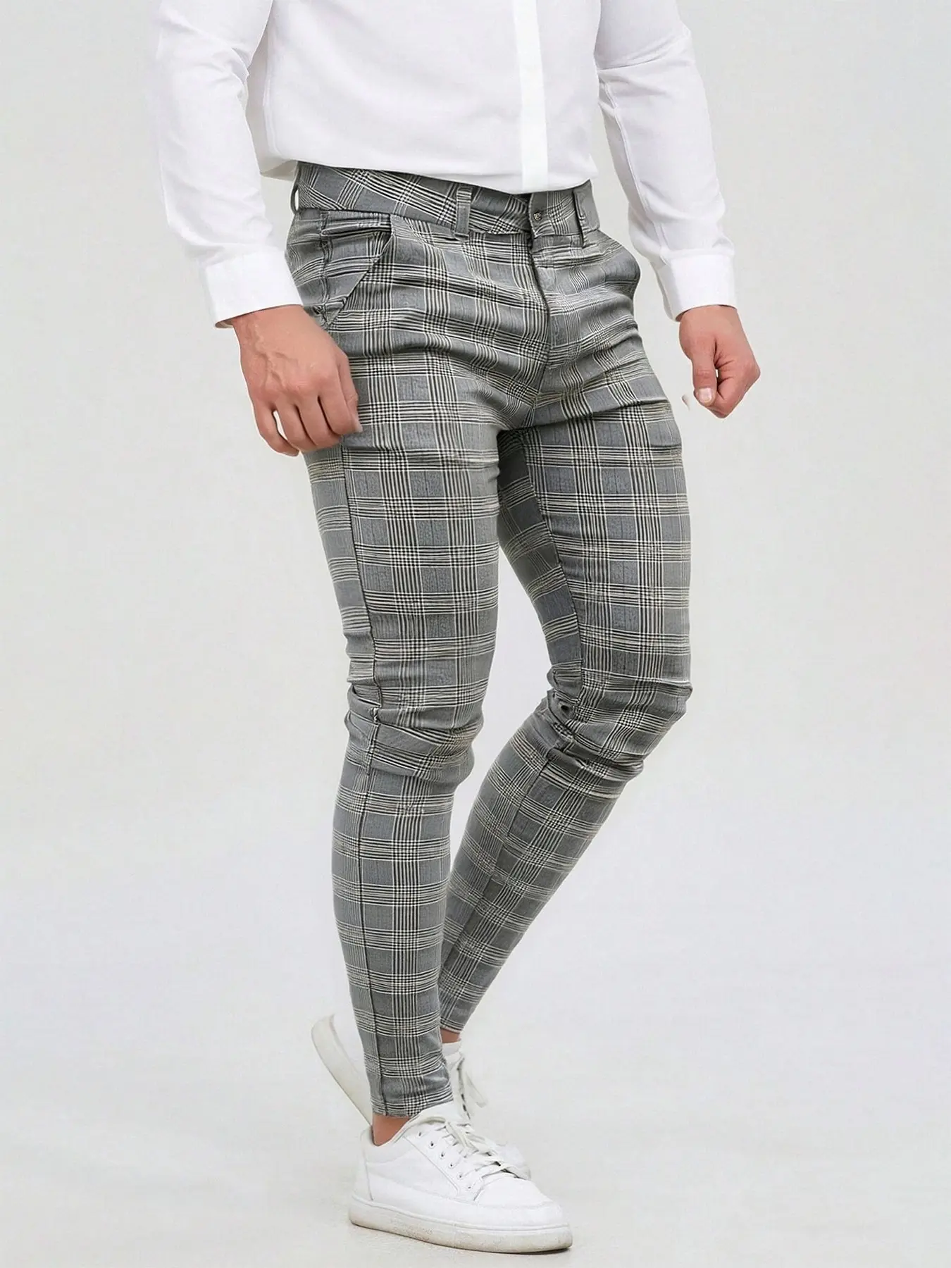 Men's Plaid Business Casual Pants, Slim Fit Comfortable Long Pants, Button Zip Waist, Side Pockets, Classic Check Pattern, Fall New Arrival