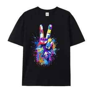 Men's 180gsm 100% Combed Cotton Short-Sleeve T-Shirt, Colorful Splash Rainbow Peace Sign Hand Graphic, Pride Hippie Streetwear, Plus Size Casual Top