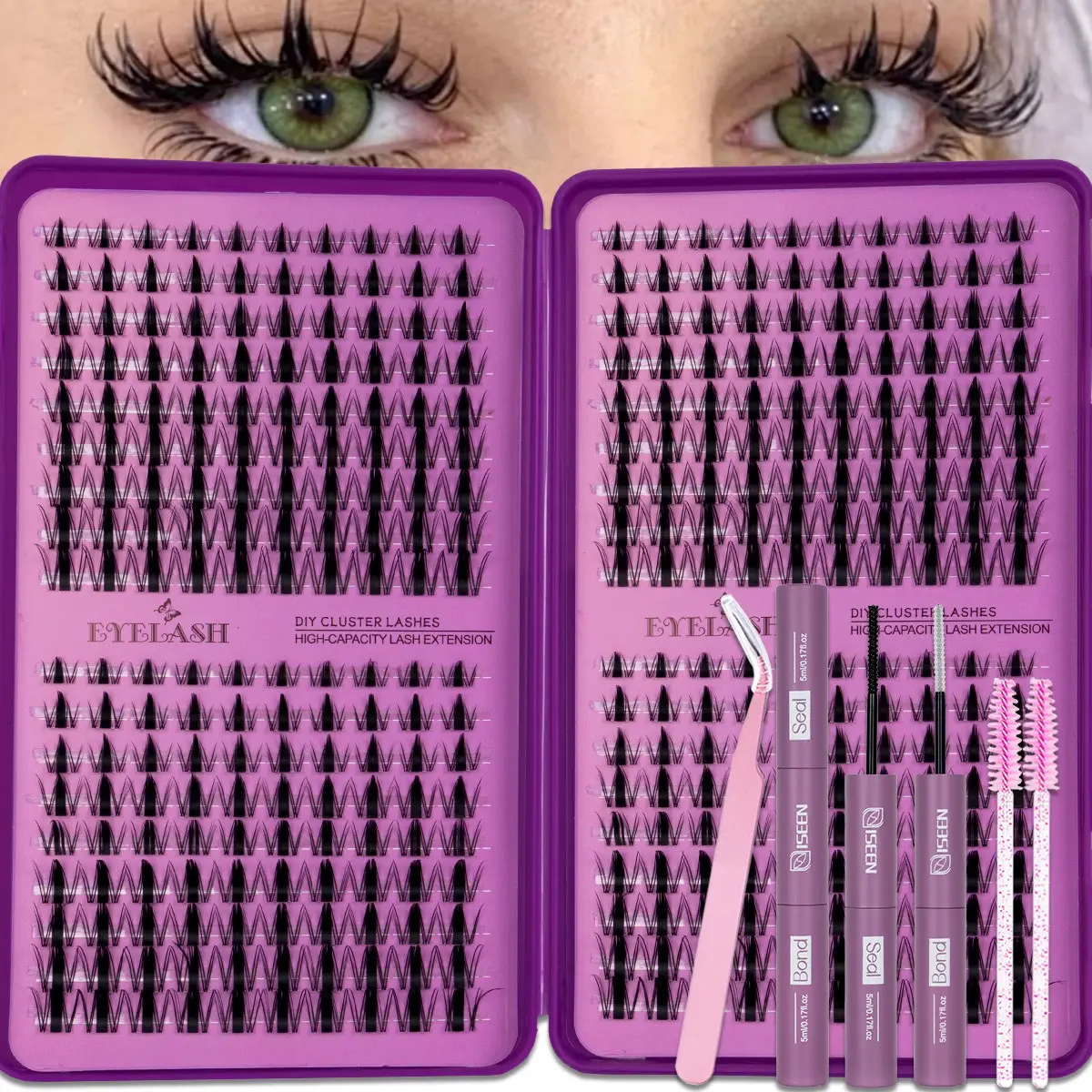 Large Capacity Eyelash Clusters Kit, C Curl  Mixed Length, Light Soft False Lashes, Individual Lashes Thick Cluster Lashes, Waterproof Long-Lasting, Includes Bond&Seal Brush and Tweezer, Beginner Friendly