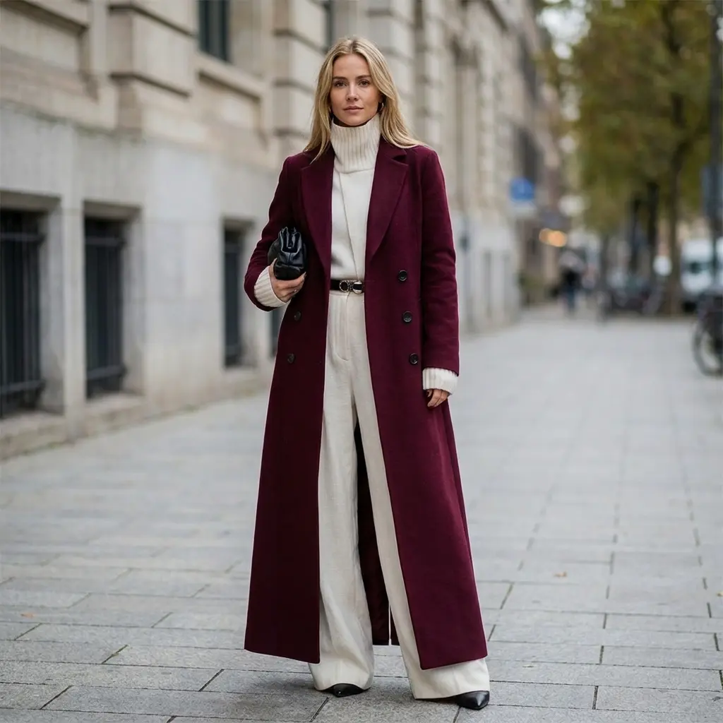 Women's Double Breasted Lapel Long Wool Blend Coat, Elegant Solid Color A-Line Maxi Overcoat, Warm Winter Long Trench Outerwear for Street & Office