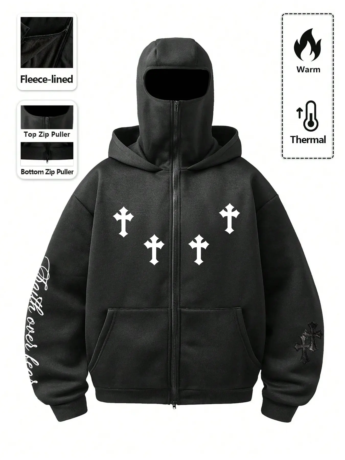Men's Gothic Letter Cross Zip-Up Hoodie, Street Style Long Sleeve Loose Fit, Fall Winter Warm Jacket, Punk Y2K Fashion