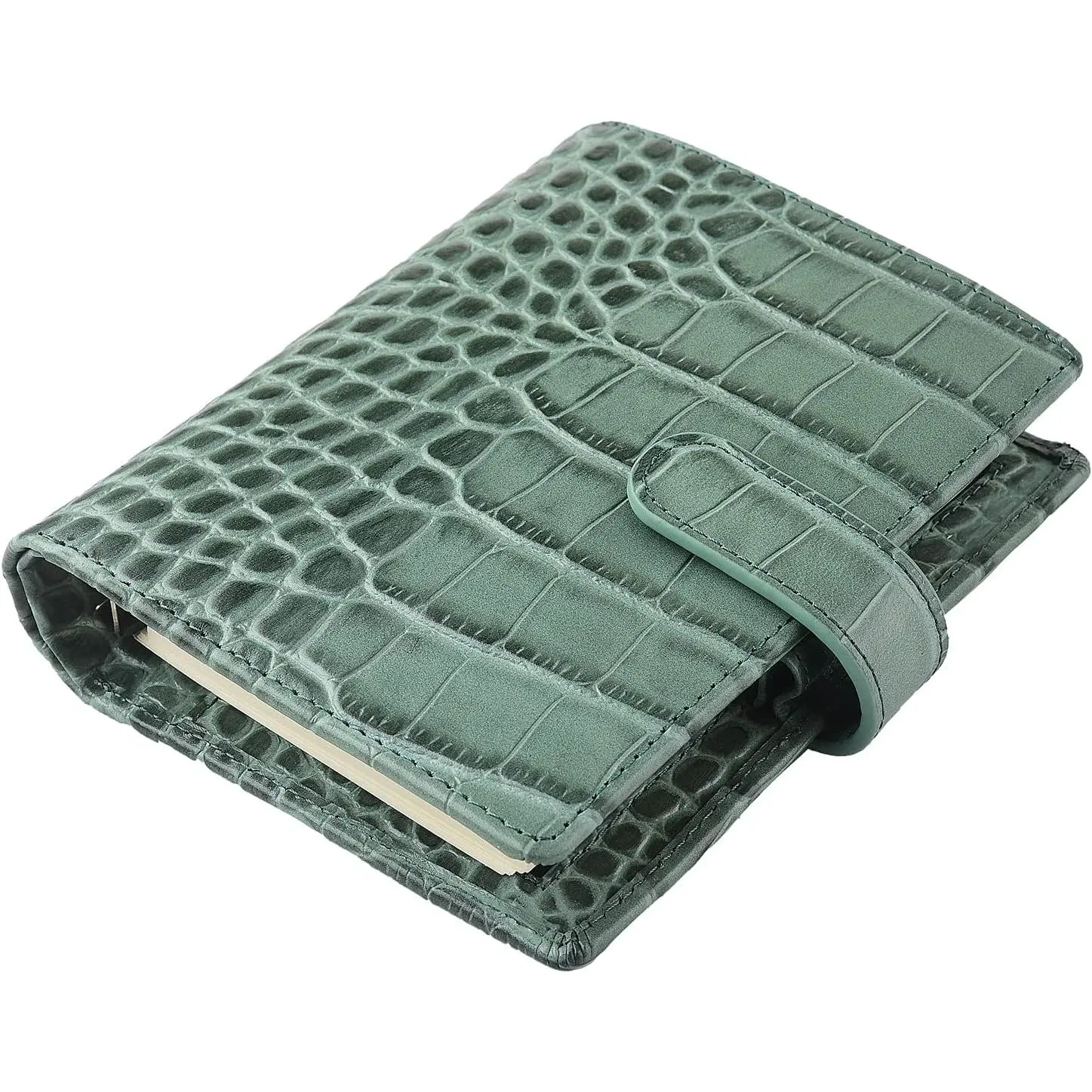 Budget Binder,Leather Rings Planner, 6-Ring Pocket Organizer Notebook Cover (Croco-Green)