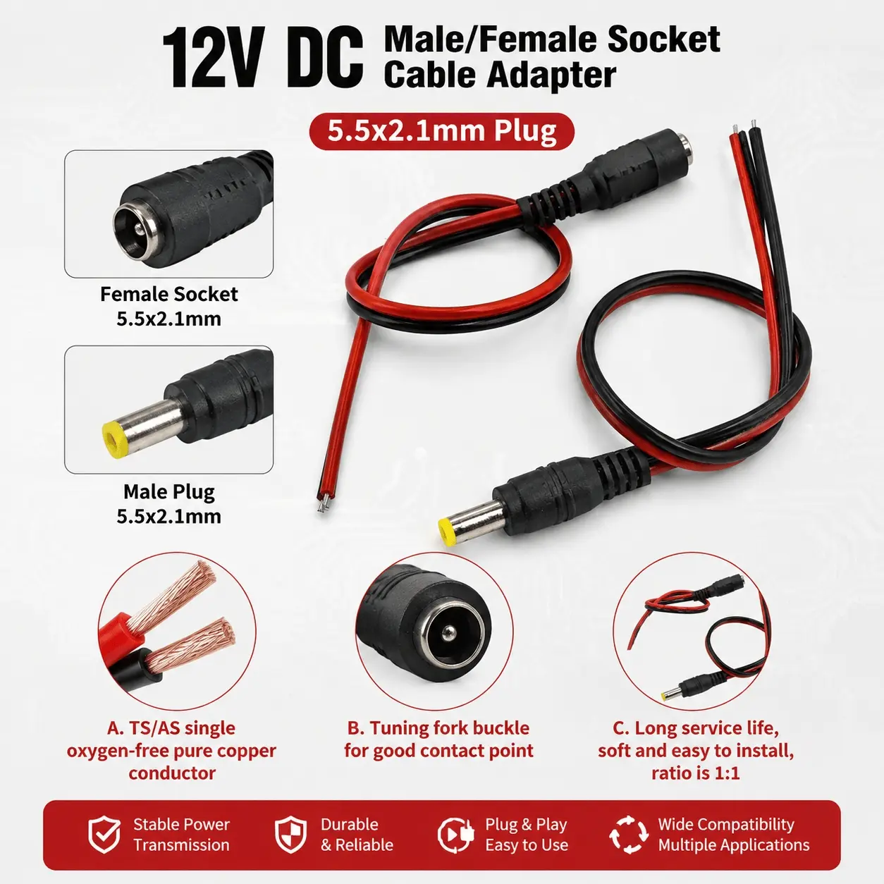 12V DC Power Connector Kit with 5.5x2.1mm Plugs, Extension Cables for LED Strips, CCTV Security Cameras, Universal Electrical Adapters - Choose 5, 20 or 50 Packs