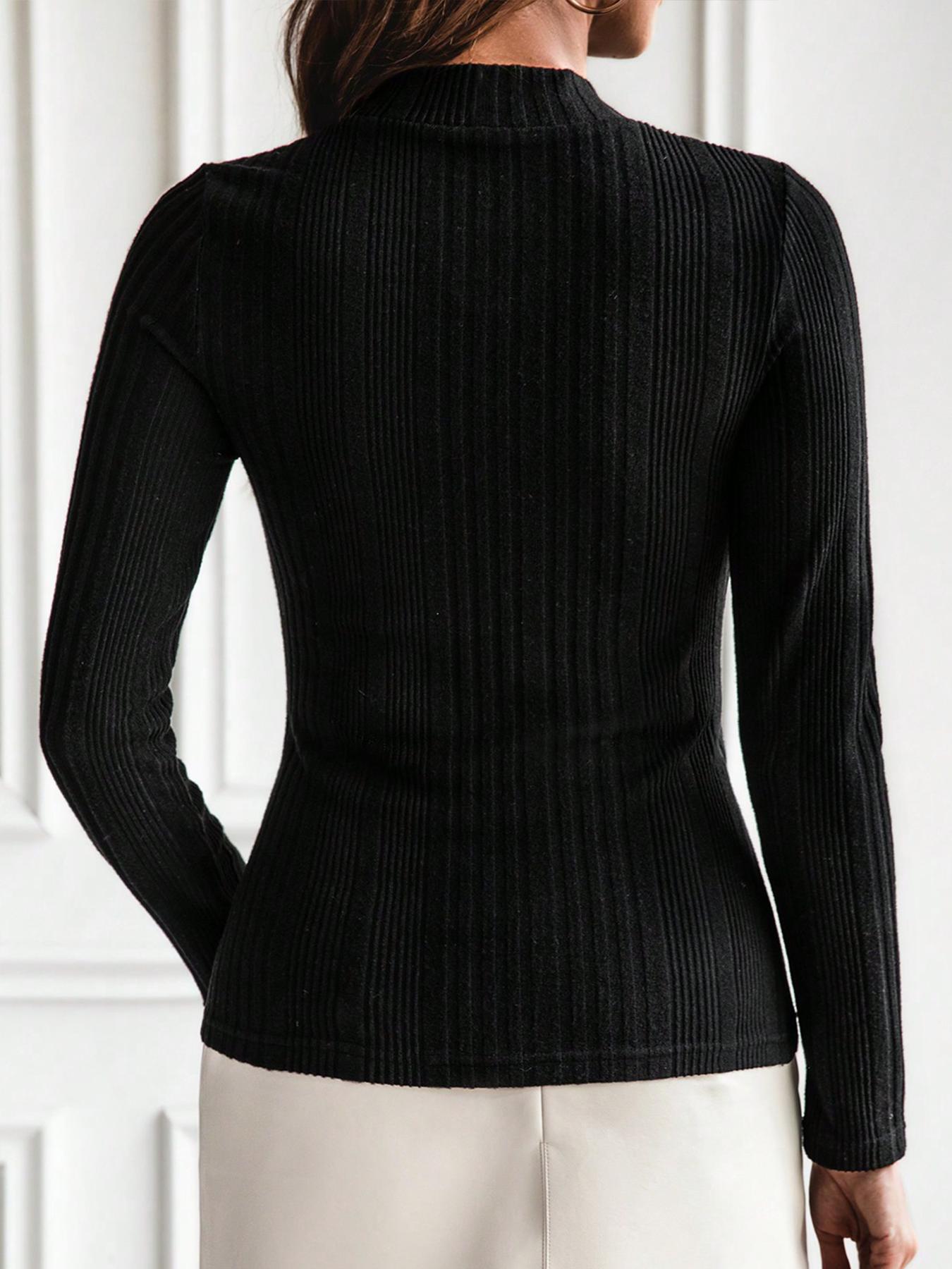 Women's Slim-Fit High Neck Long Sleeve T-Shirt, Button Decorated Top for Spring & Fall, Contemporary Plain Design, Casual Top, Casual Business Top