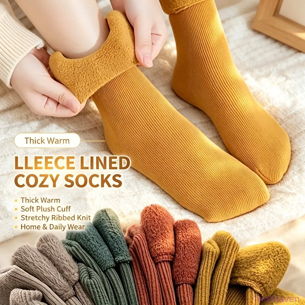 Women's 4-Pack Assorted Colors Fleece-Lined Mid-Calf Thermal Socks, Thick Warmth Rib Knit Cuff Cold Weather Floor Socks for Outdoor Sports