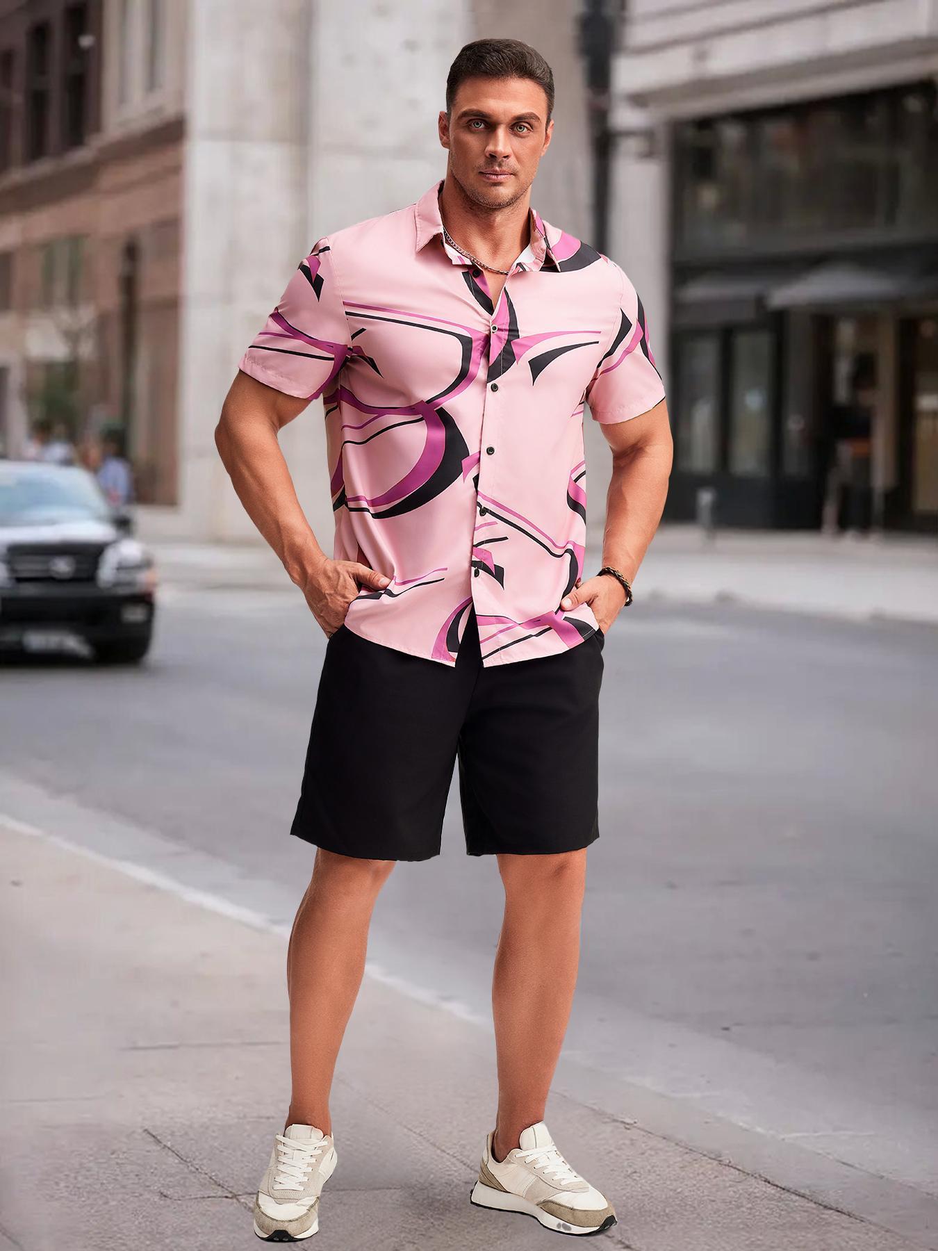 Men's Geometric Print Shirt & Shorts Two-piece Set, Regular Fit Casual Short Sleeve Collared Top & Shorts, Men's Summer Clothes for Beach Vacation