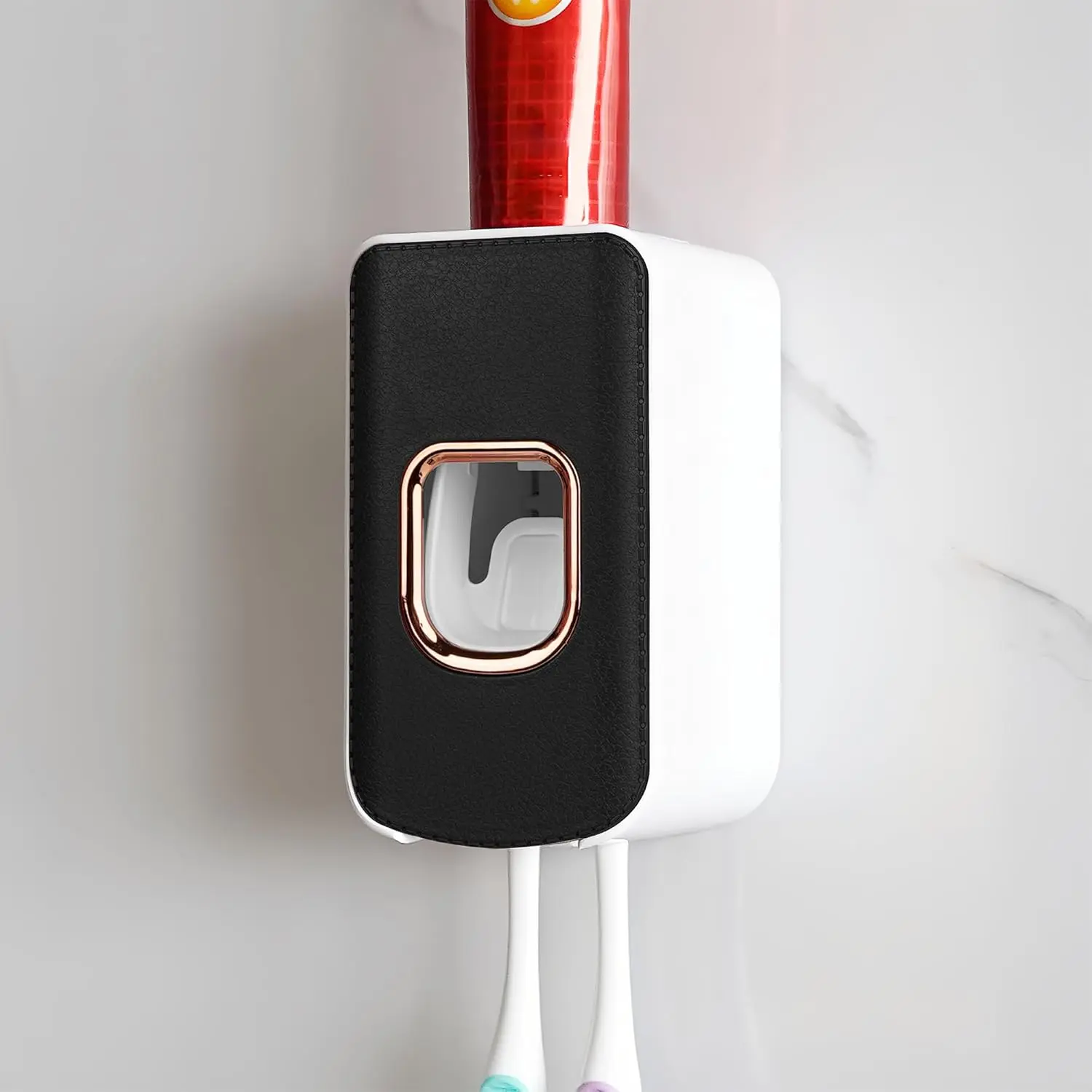 2 Slot Toothbrush Holder and Toothpaste Dispenser Wall Mounted, Toothpaste Squeezer, 2 in 1 Tooth Brush Toothpaste Organizer for Shower (Black)
