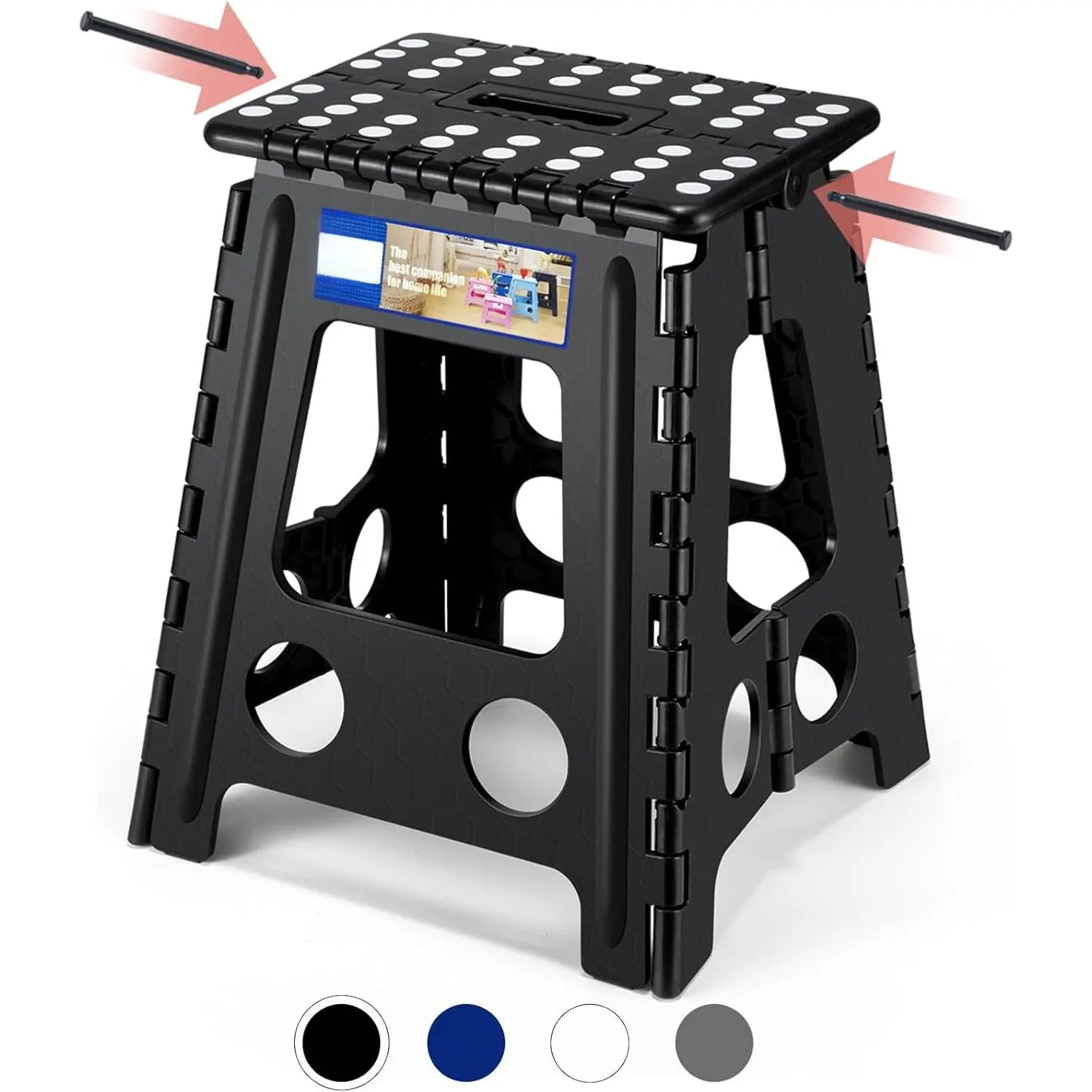 Folding step stool, foldable, 16inch, 400-pound weight capacity, plastic stool, suitable for adults and children, kitchen folding stool, step stool with handle, black, 1-piece pack