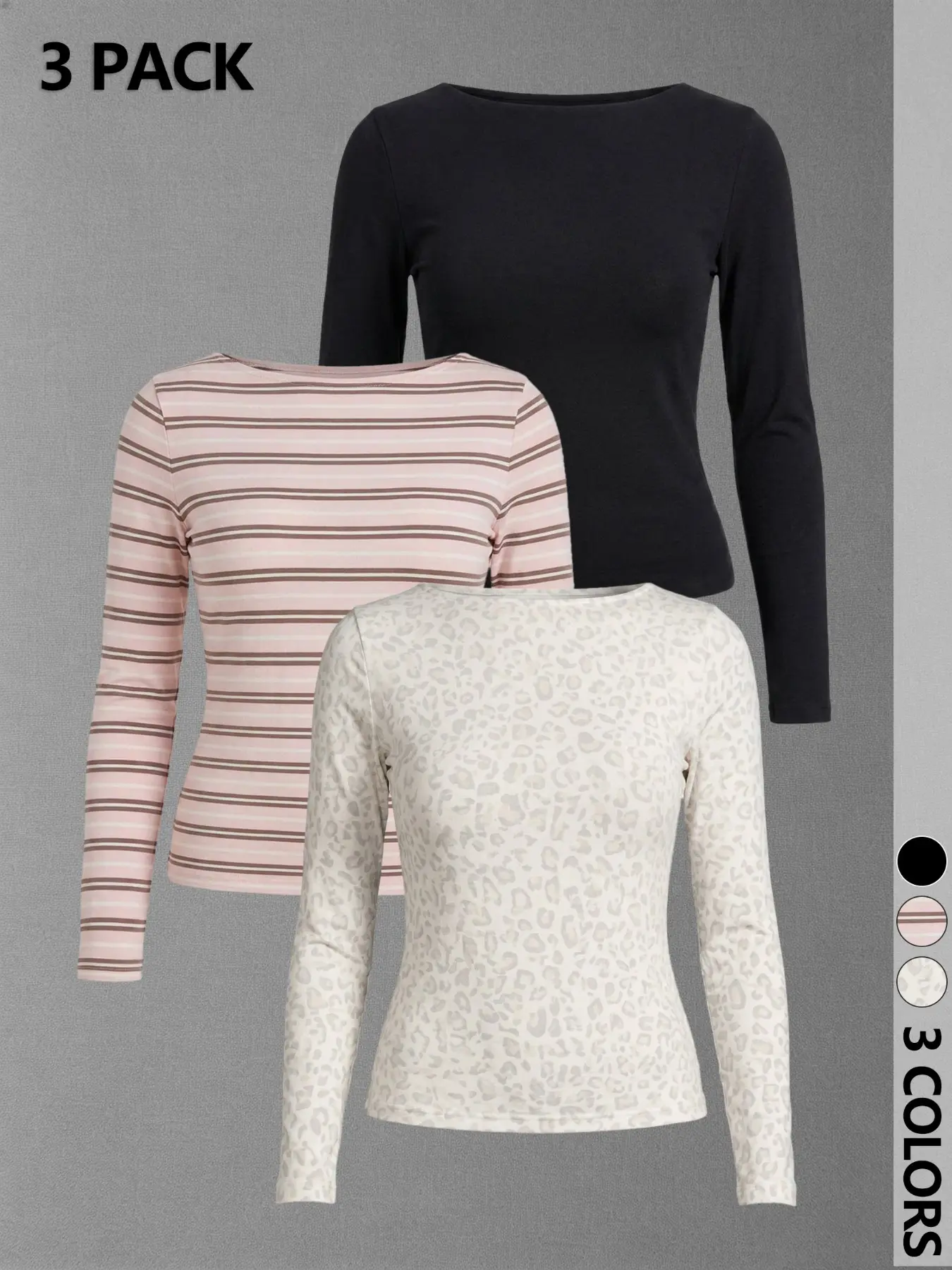 Women 3 Pieces Casual Long Sleeve T Shirts Boat Neck Stretchy Slim Fitted Basic Tees Black Solid / Brown Stripe / Pink Leopard Print Multipack Layering Undergarment Tops For Daily Wear