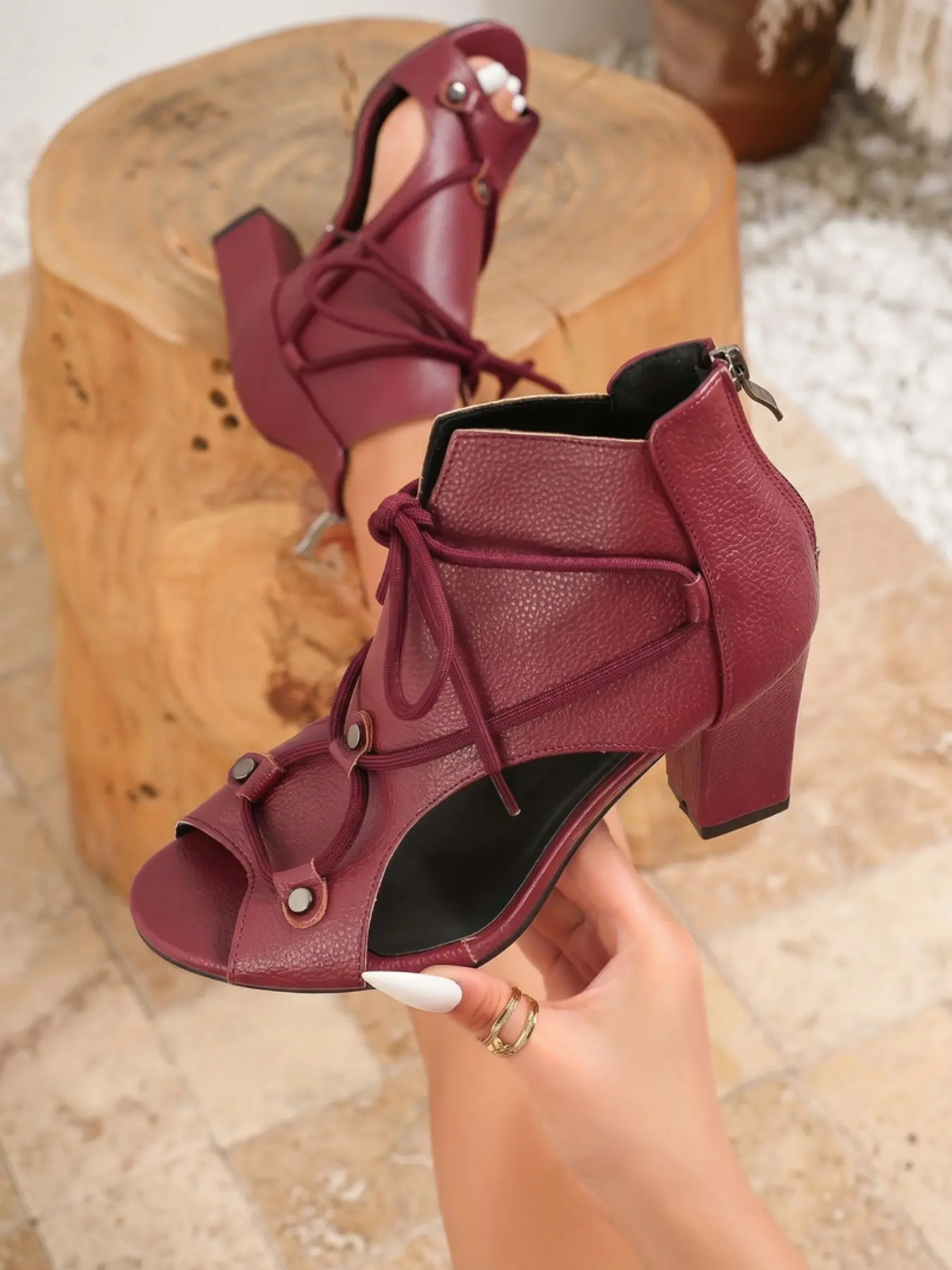 Women's Soft Leather Flare Heel Sandals, Rubber, Polka Dot Slingback, Square Toe, Evening Wear, Retro Style, Wine, Comfortable & Stylish
