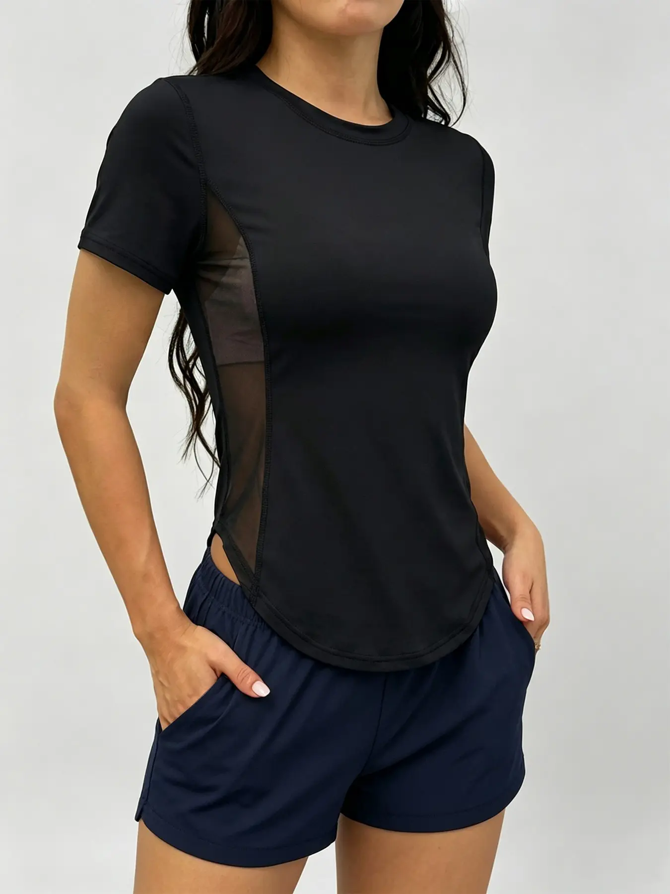 Women's Side Mesh Panel Fitness T-Shirt, Nylon High Stretch Slim Fit Short Sleeve Top, Quick Dry Curved Hem, Gym Running Training Workout Clothes, Dry Fit Shirts