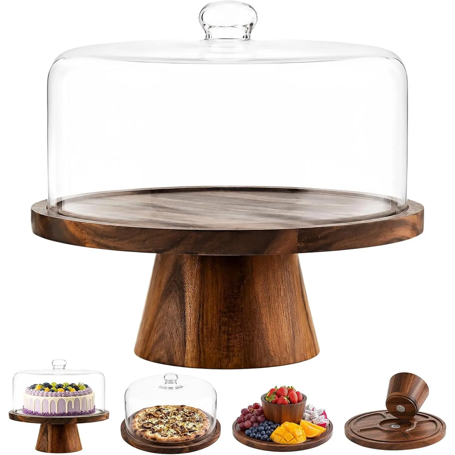 .com| PopularLdo Acacia Wood Cake Stand with Lid - 12 Inch Magnetic Detachable Cake Stand with Dome, Shatterproof Acrylic Cover, Versatile Cake Holder & Charcuterie Board for Parties, Dessert Table Display: Cake Stands