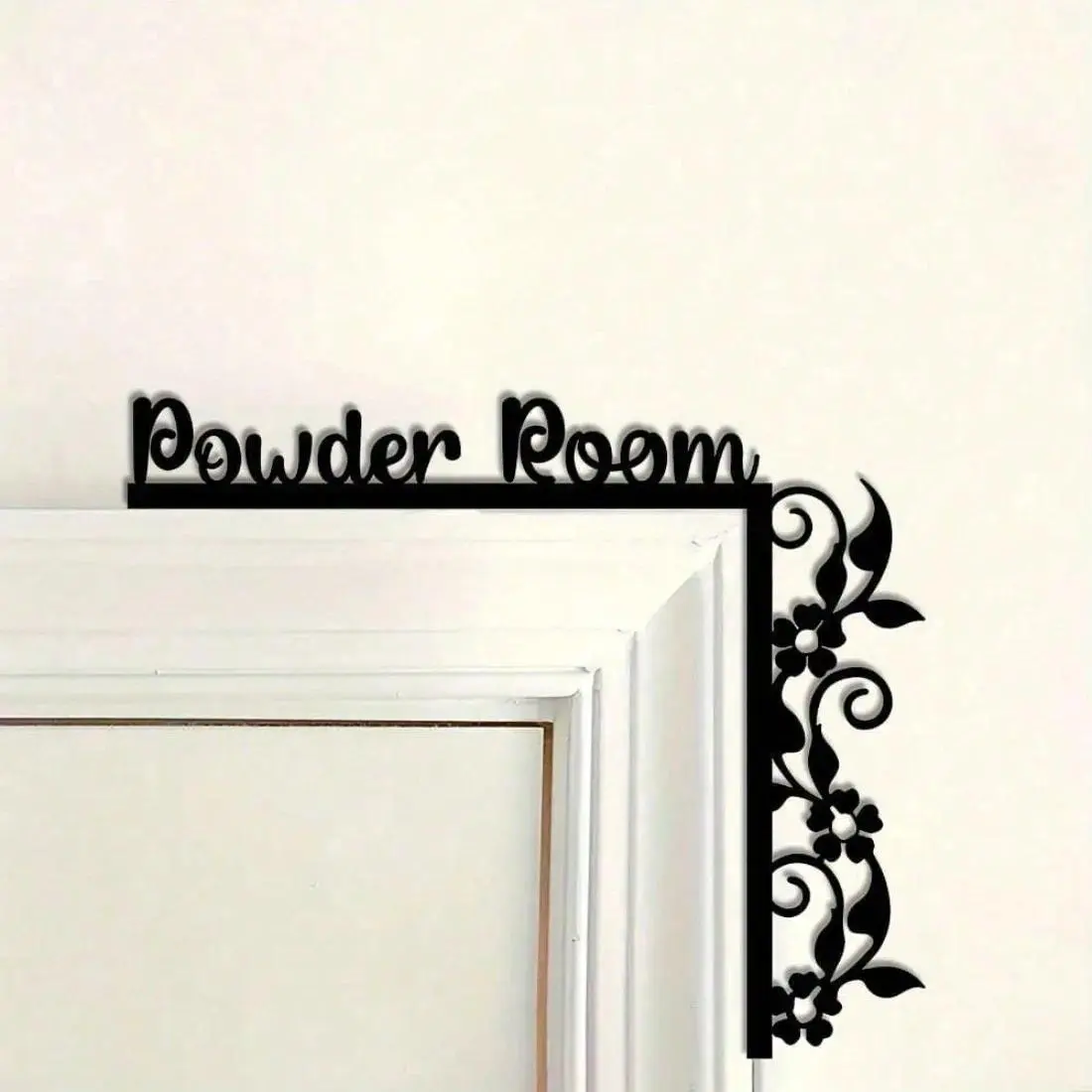 Black Iron Wall Art "Powder Room" Metal Door Decor Floral Motif No Maintenance Elegant