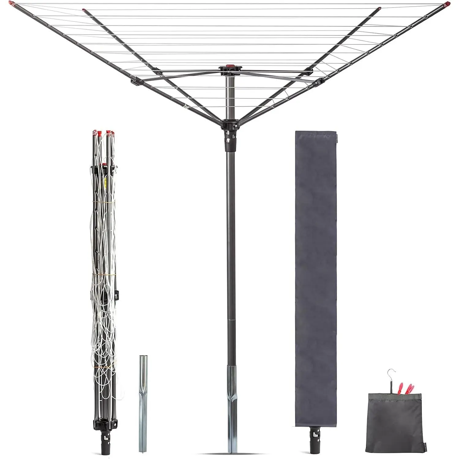Outdoor Umbrella Drying Rack, 12 Lines with 164 Feet Drying Space, Steel Frame & Adjustable Height, 4-arm Umbrella Clothesline for Laundry, Collapsible Clothes Drying Rack for Backyard