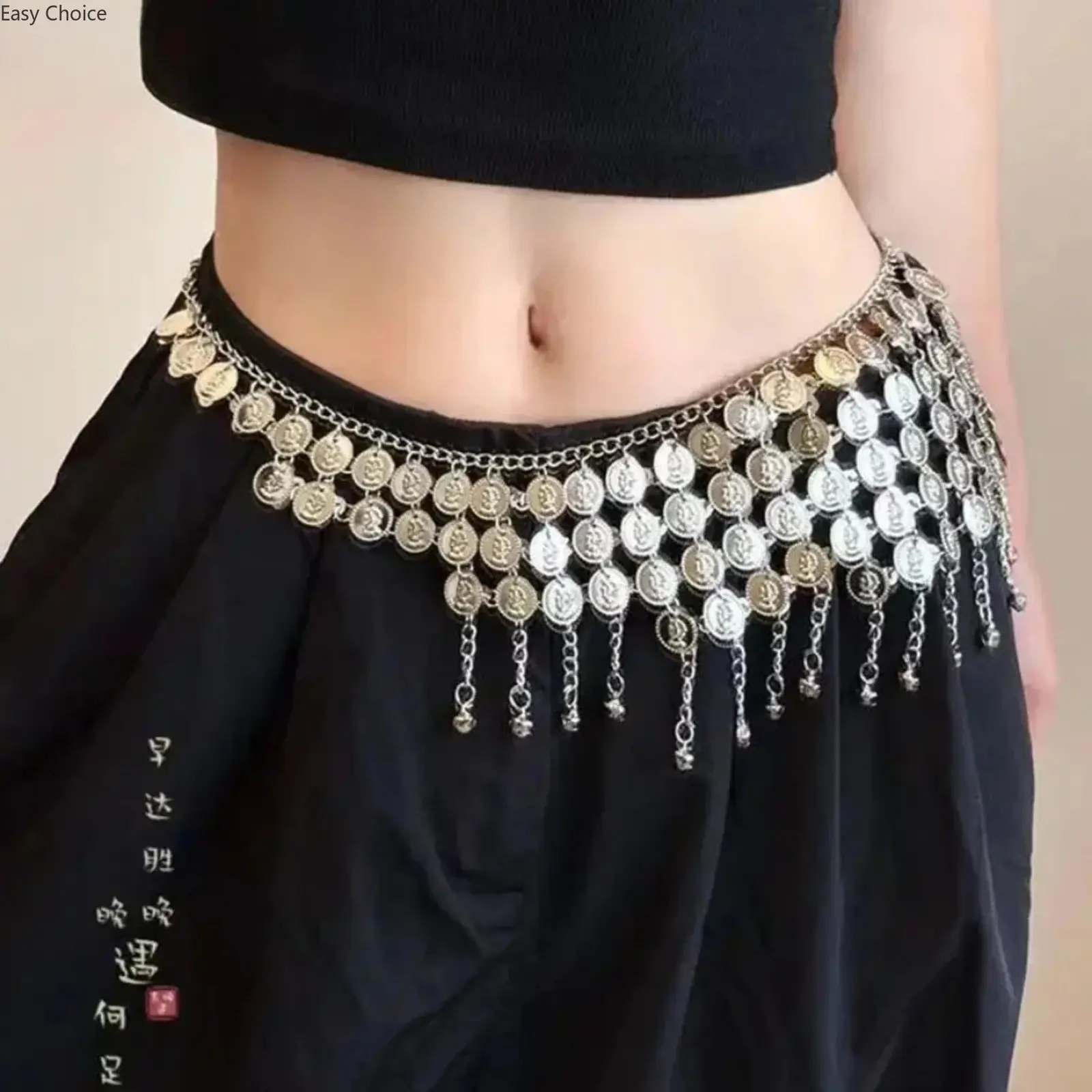 Boho Gypsy Tribal Silver Belly Dance Waist Chain with Dangling Coin Tassel Fringe, Adjustable Metallic Silver Hip Belt, Sparkling Layered Costume Accessory for Dance Practice, Music Festivals, Themed Parties & Daily Dress Styling