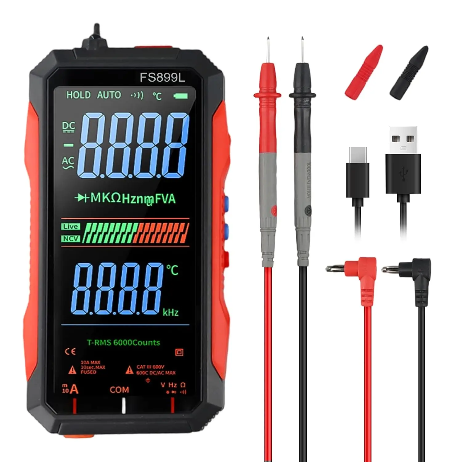 FS899L Digital Multimeter with Color Screen, USB C Rechargeable Electrical Testing, 6000 Counts True RMS   Tester, NCV, Capacitance, Non  Detector for , (FS899L)