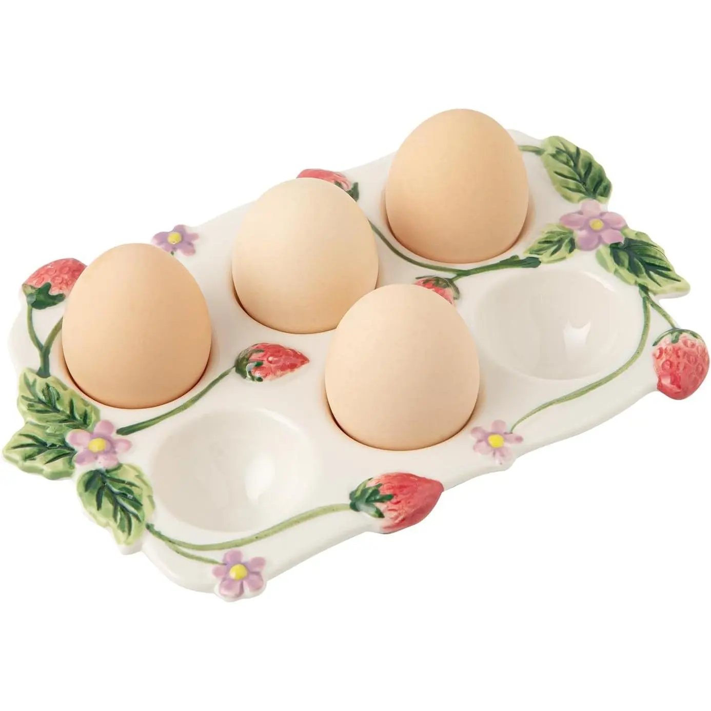 6-Cup Ceramic Porcelain Deviled Egg Serving Platter - Sturdy Glossy, Rectangular Form, Embossed Strawberry Vines, Farmhouse Look, Country Kitchen Decor