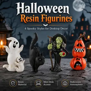 Halloween Spooky Resin Desktop Figurines, Ghost Duo, Cat, Witch, Pumpkin Stack, Fun Haunted Desk Decor, Seasonal Collectibles
