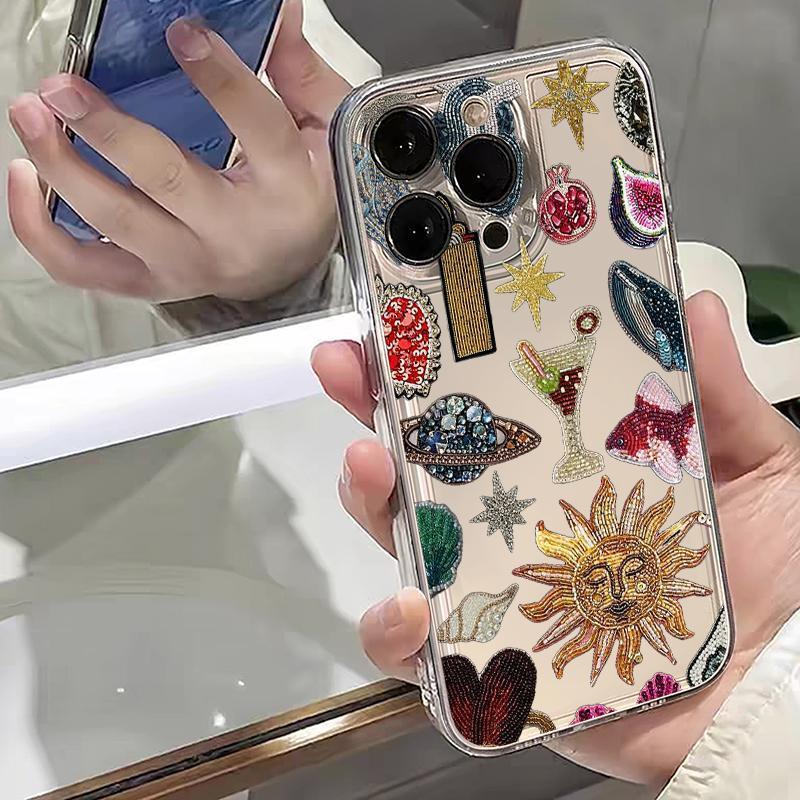 Beads Pattern Phone Case, Rhinestone Decor Phone Protective Cover, Phone Accessory Compatible with iPhone 16 15 14 13 12 11 X Pro Max Plus Mini