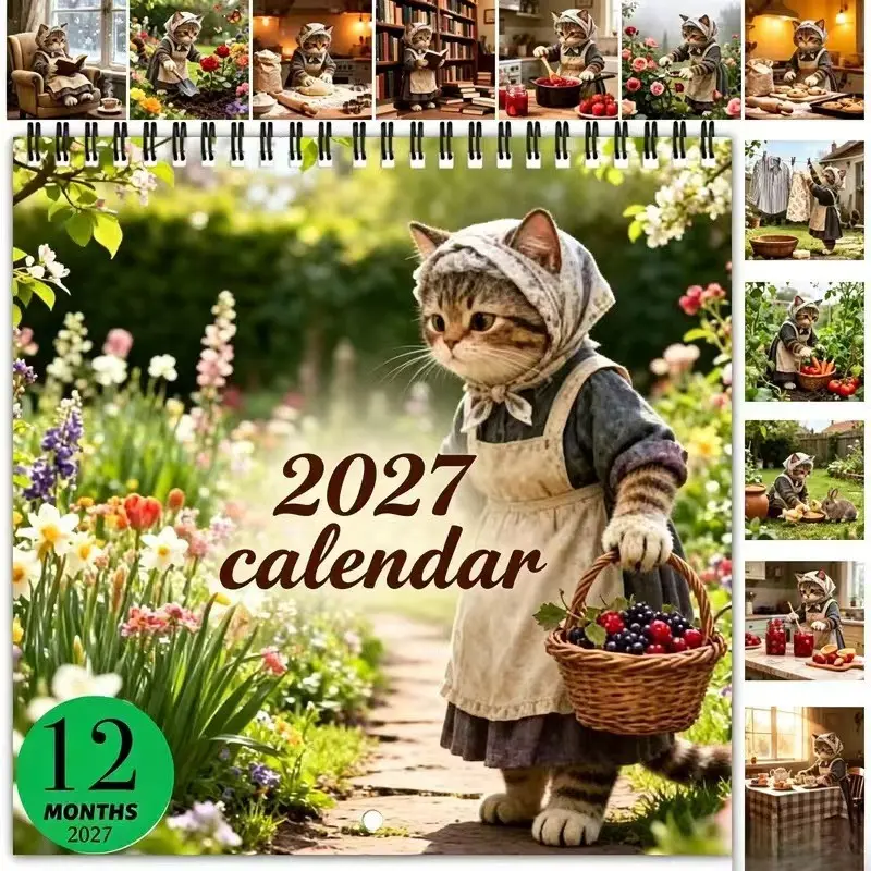 2027 Cottagecore Garden Cat 12-Month Spiral Calendar, Aesthetic Vintage Farmhouse Cat Wall & Desk Calendar, Ideal Gift for Cat Lovers