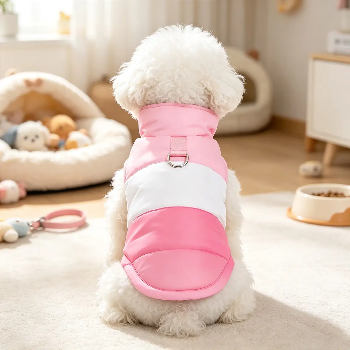 Autumn Winter Dog Jacket, D-Ring Back, Stand Collar, Snap Closure, Thick Warm Windproof, Multi-Color, Fits Medium Dogs, Pet Coat