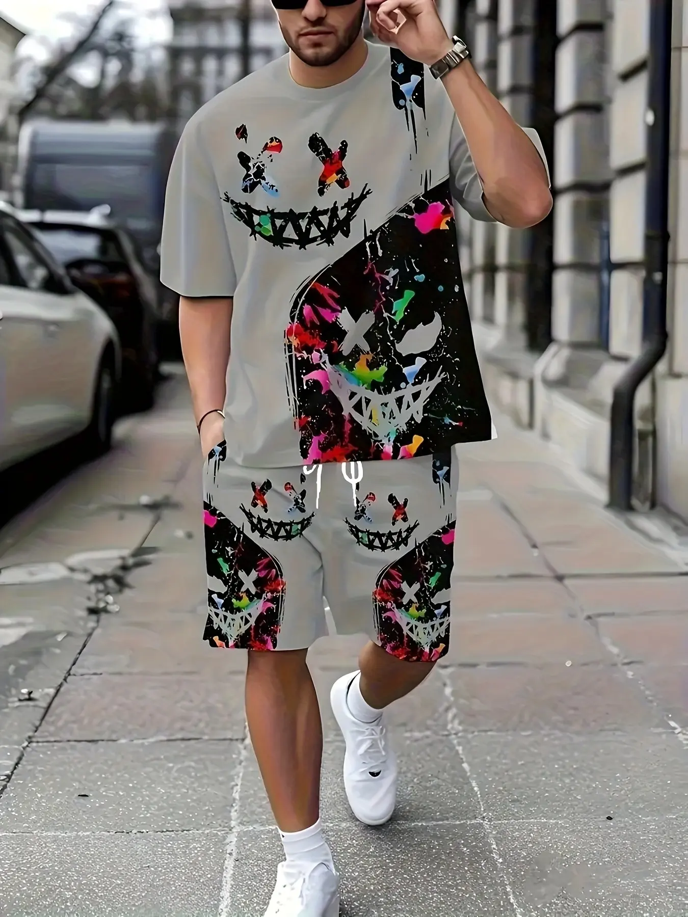Men's Casual Tee and Shorts Set, Street Graffiti Style, Round Neck Short Sleeve T-Shirt with Drawstring Shorts, Summer Outdoor Wear