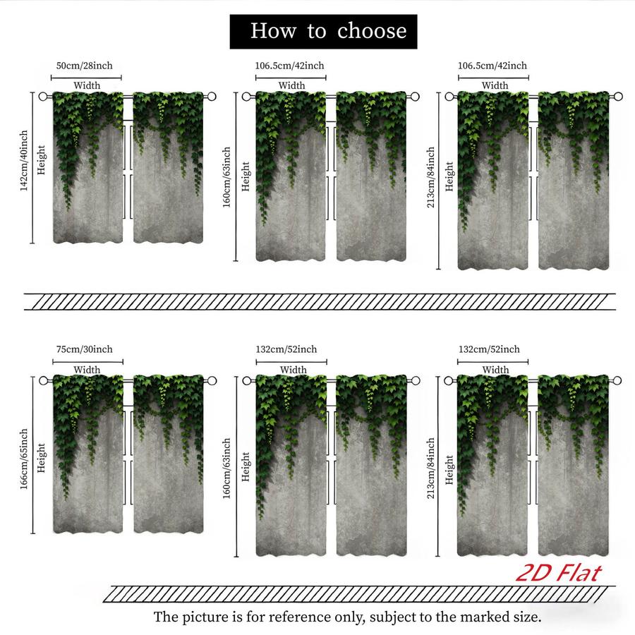 2Pcs Rustic Green Vine Leaf Concrete Wall Pattern Sun Blocking Curtains Digital Printed Rod Pocket, Window Treatment For Bedroom Office Kitchen Living Room Study Home Decor