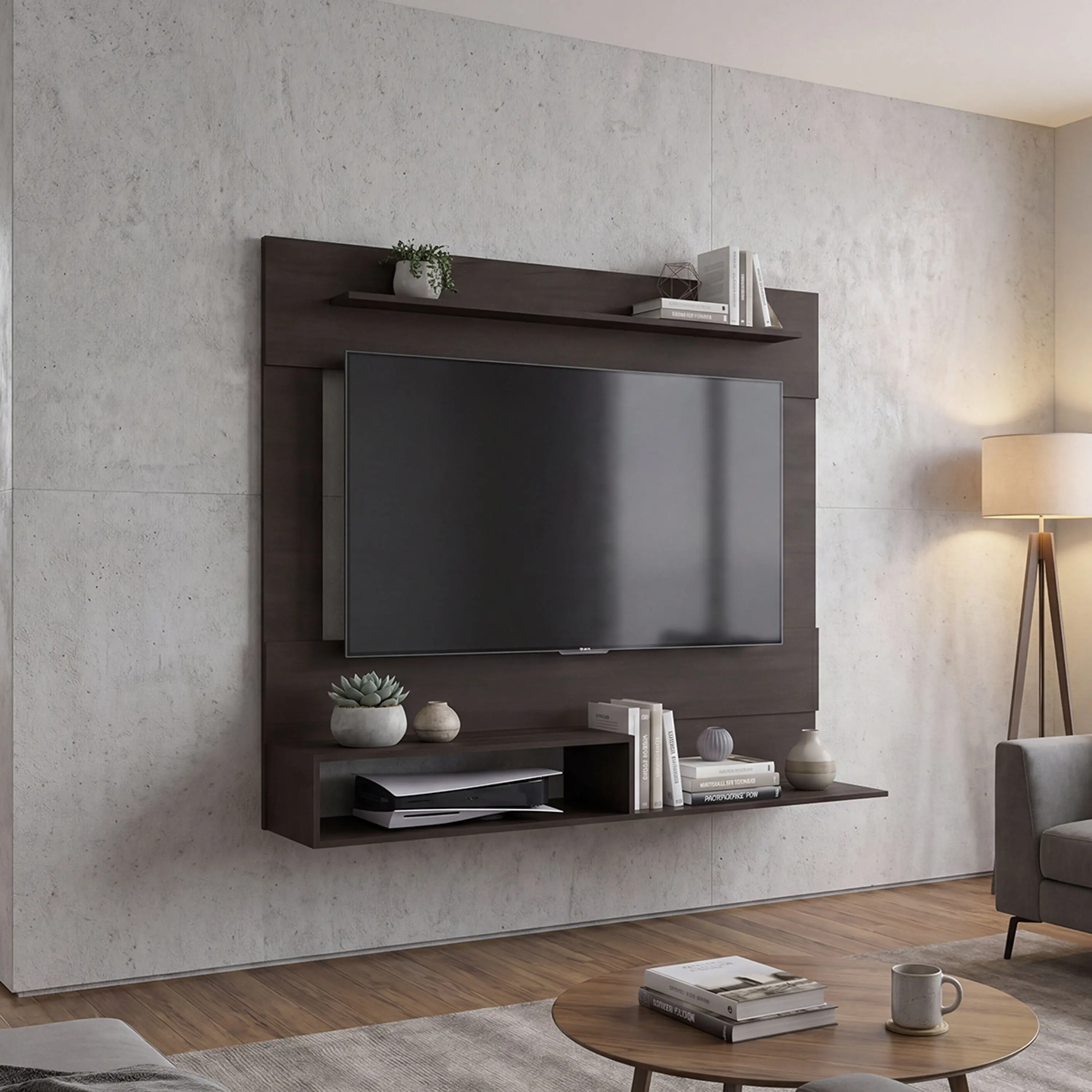 Nokaa Floating Entertainment Center 55 inch TV Stand Media Console Wall Mounted Storage Cabinet with Shelves for Small Spaces Living Room Home Organization Dark Walnut Particle Board