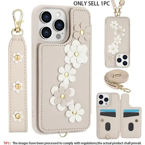 Flower Pattern Phone Case with Card Slot & Lanyard, Dropproof Phone Case, Fashion iPhone 18 17Air 16 Pro Max 15Plus 14 13 12 11Pro Max Protective Case Compatible with iPhone, Cover