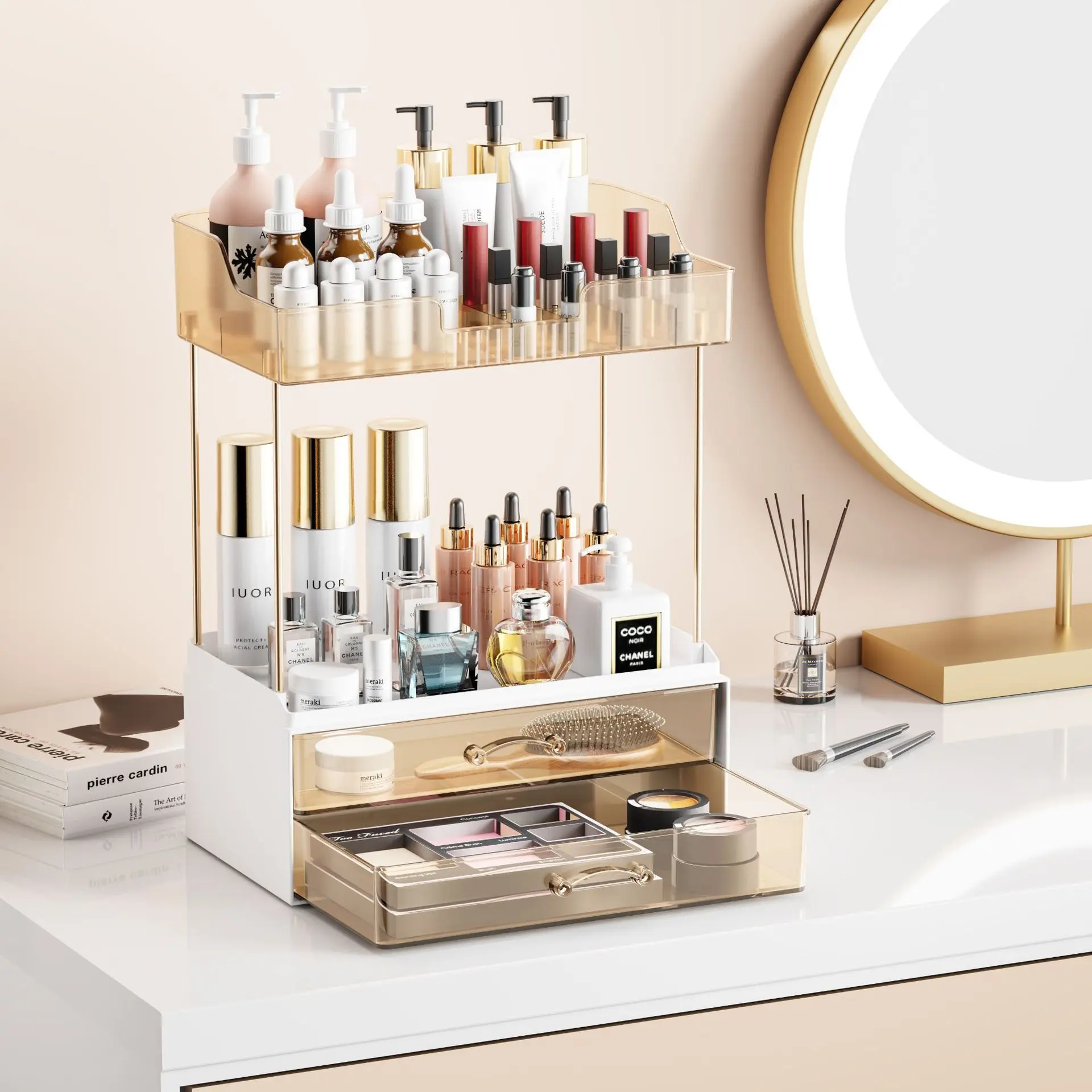 Luxury Makeup Organizer, Desktop Cosmetic Storage Box For Dresser, Large Capacity Skincare Display Holder, Multifunctional Vanity Storage Shelf For Bedroom & Dormitory