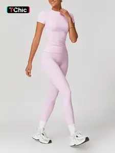 Women's Plain Round Neck Crop Tee & High Waist Leggings Yoga Set, Breathable Quick-Drying Short Sleeve T-Shirt & Skinny Pants Set for Gym Workouts and Running, Ladies' Sportswear for All Seasons, Athleisure Wear