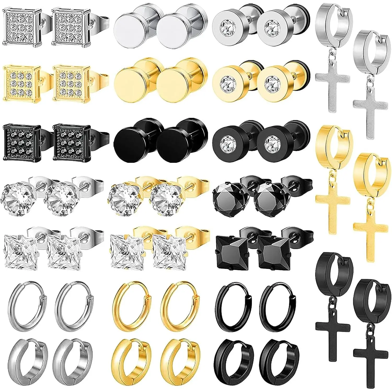 24 Pairs Stainless Steel Earrings for Men  Inlaid Cubic Zirconia Studs Hoop Earring  Dangle Earrings Unisex Punk Stud Earring for Women Men