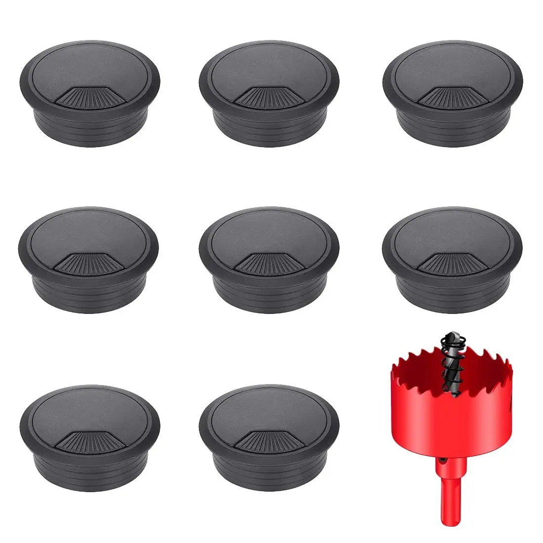 TuTuYa 8PCS 2 Inch(50mm) Black Desk Grommet with Hole Saw, Cable Pass Through Hole Cover, Ideal for Office & Home Table Cable Management