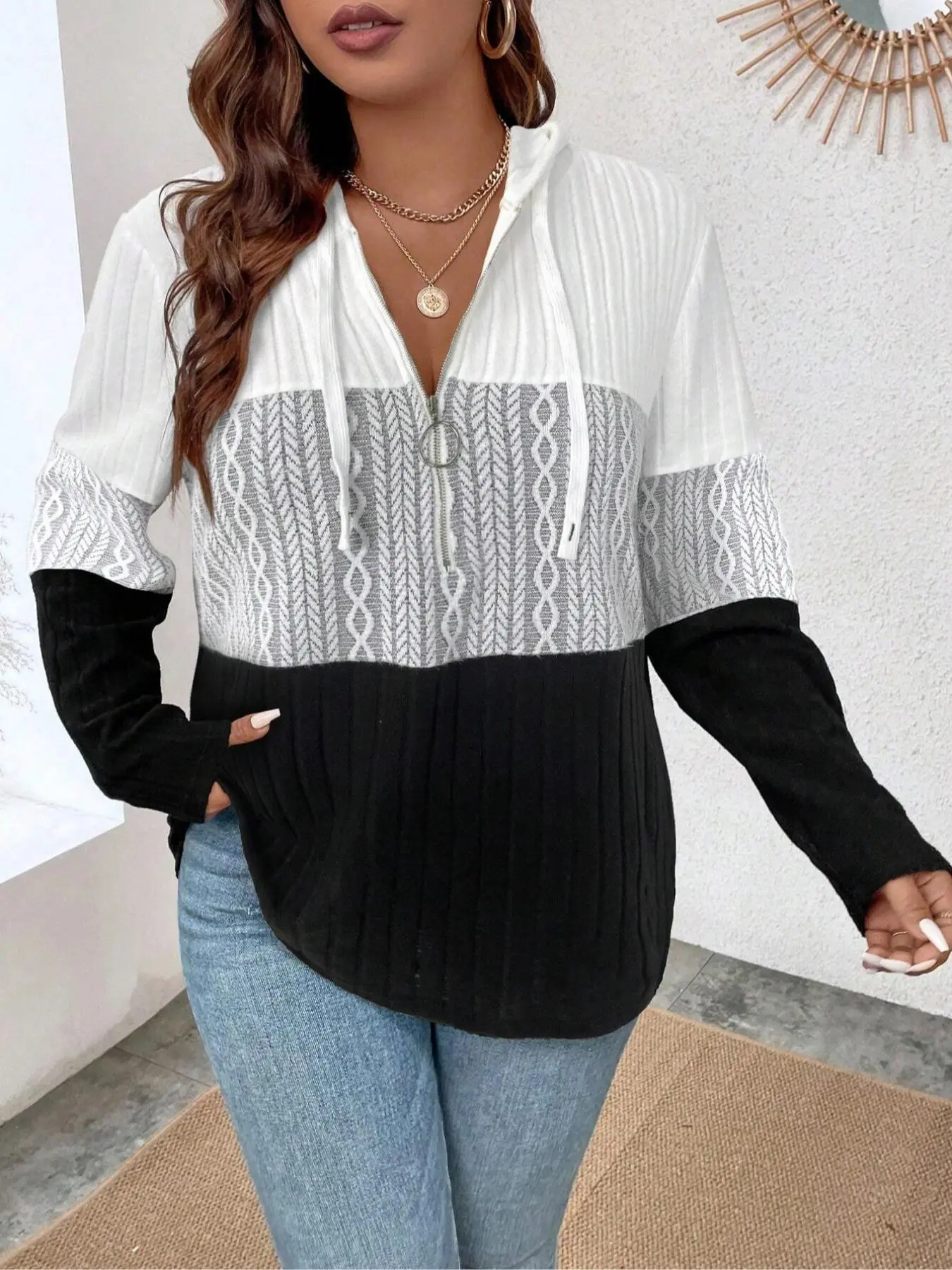 Plus-Size Color Block Knit Hoodie, Women's Half-Zip Drawstring Long-Sleeve Top, Cable Textured Patchwork Casual Loose Knitwear, Zip Pullover Top