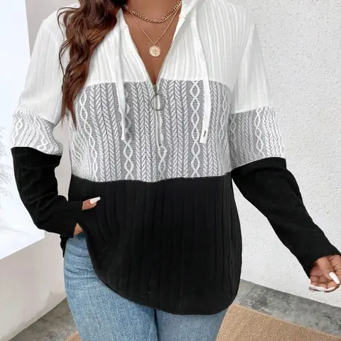 Plus-Size Color Block Knit Hoodie, Women's Half-Zip Drawstring Long-Sleeve Top, Cable Textured Patchwork Casual Loose Knitwear, Zip Pullover Top